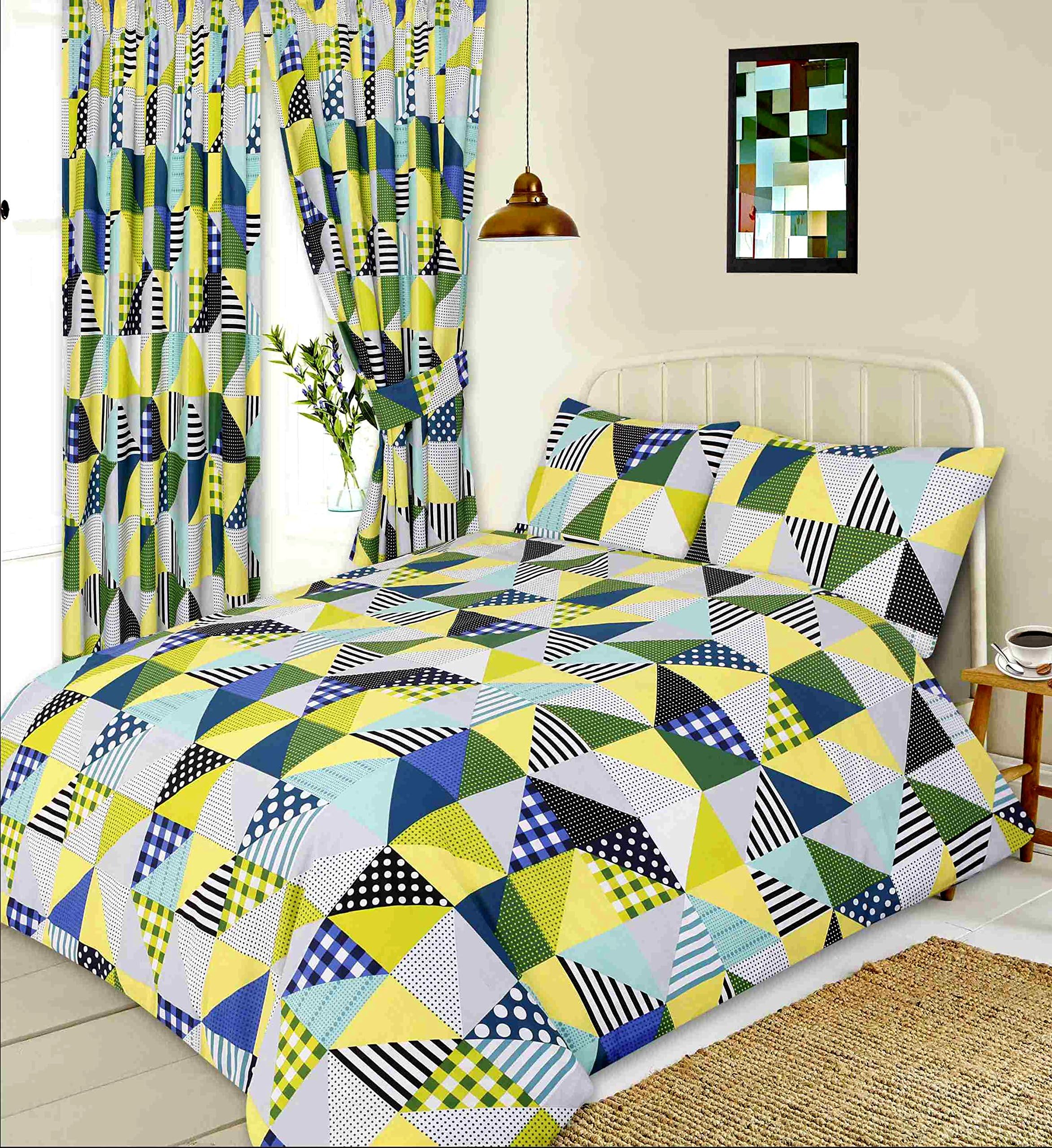 Men Only Single Bed Geo Patchwork Lime, Duvet/Quilt Cover Set, Geometric Shapes Squares Triangles Gingham Check Polka Dot Spots Lines Stripes, Green Yellow Cream Grey Blue