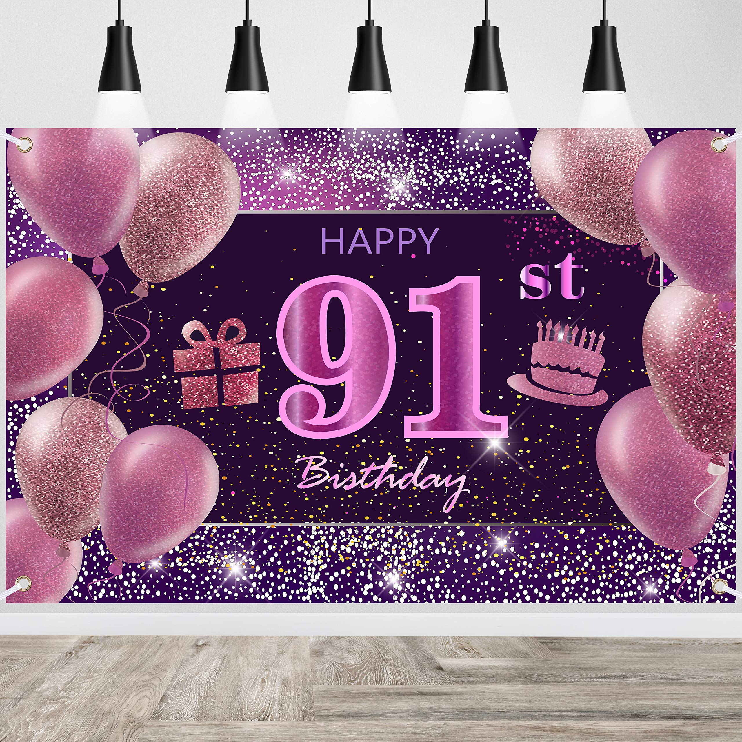 IMISI 91st Birthday Decorations - Happy Birthday Banner, Pink Backdrop for Party