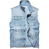 JUDIGODR Denim Vest Men Lapel Sleeveless Slim Fit Retro Ripped Elastic Casual Jean Vest for Men's With Pockets