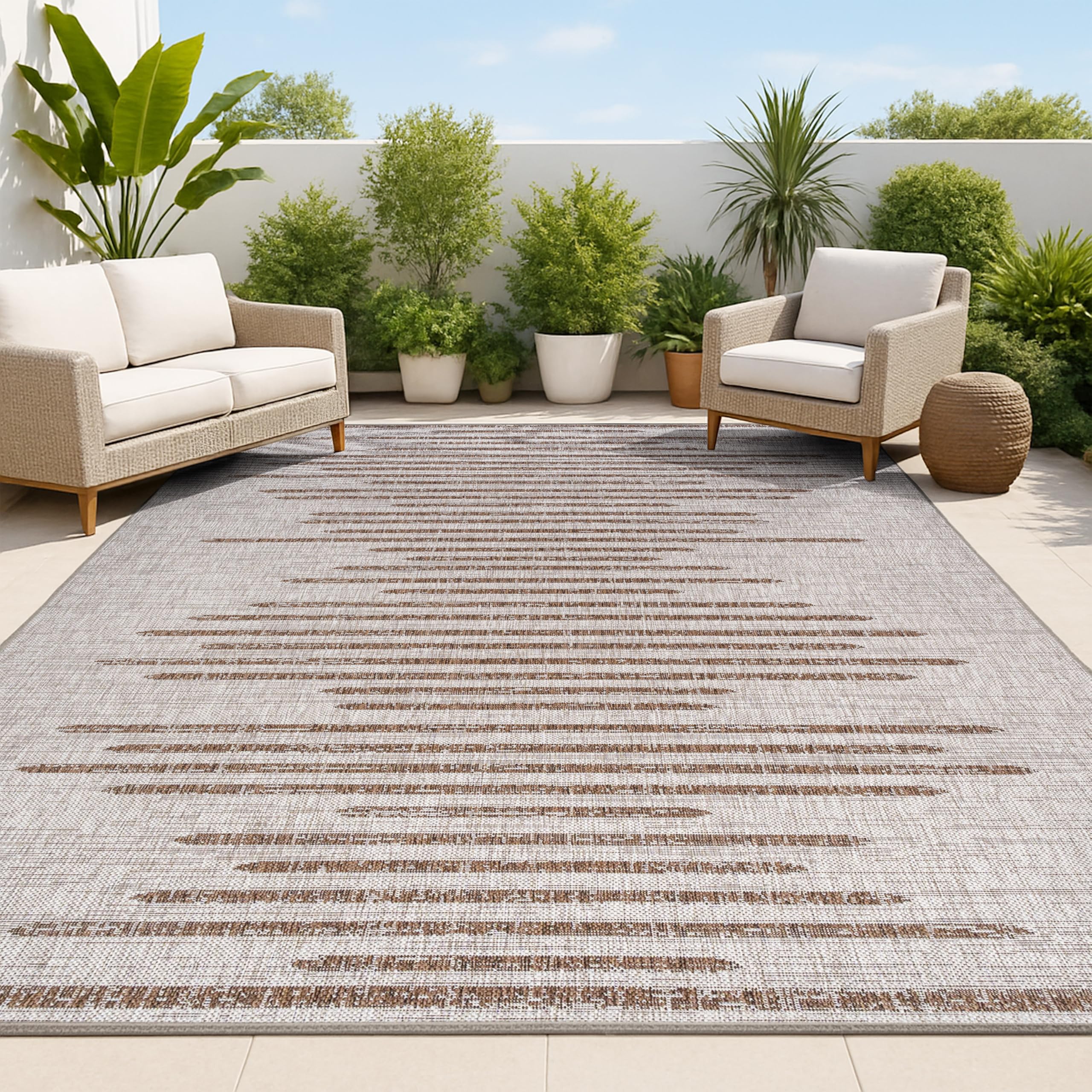 JONATHAN Y Stripe Geometric Indoor Outdoor Area Rug 10X14 Beige/Brown, Zolak Berber for Backyard, Patio, Porch, Easy-Cleaning, High Traffic, Pet-Friendly, Non-Shedding (SMB124A-14) Image