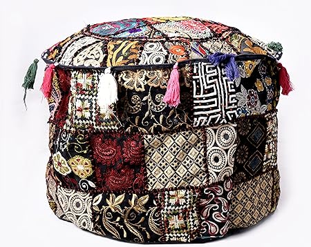 Black Ethnic Decorative Pillow Cover Pouf Ottoman Pouffe Poof Cover Patchwork Khambadiya Embroidery Round Pouf Foot Stool Cover 22 Inch by Handicraft-Palace