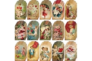L1rabe 61Pcs Valentine's Day Gift Tags, Victorian Style Vintage Traditional Paper Hanging Decoration Ornaments, DIY Crafts Hanging Labels Valentine Wedding Party Holiday Present Gift Wrapping Supplies