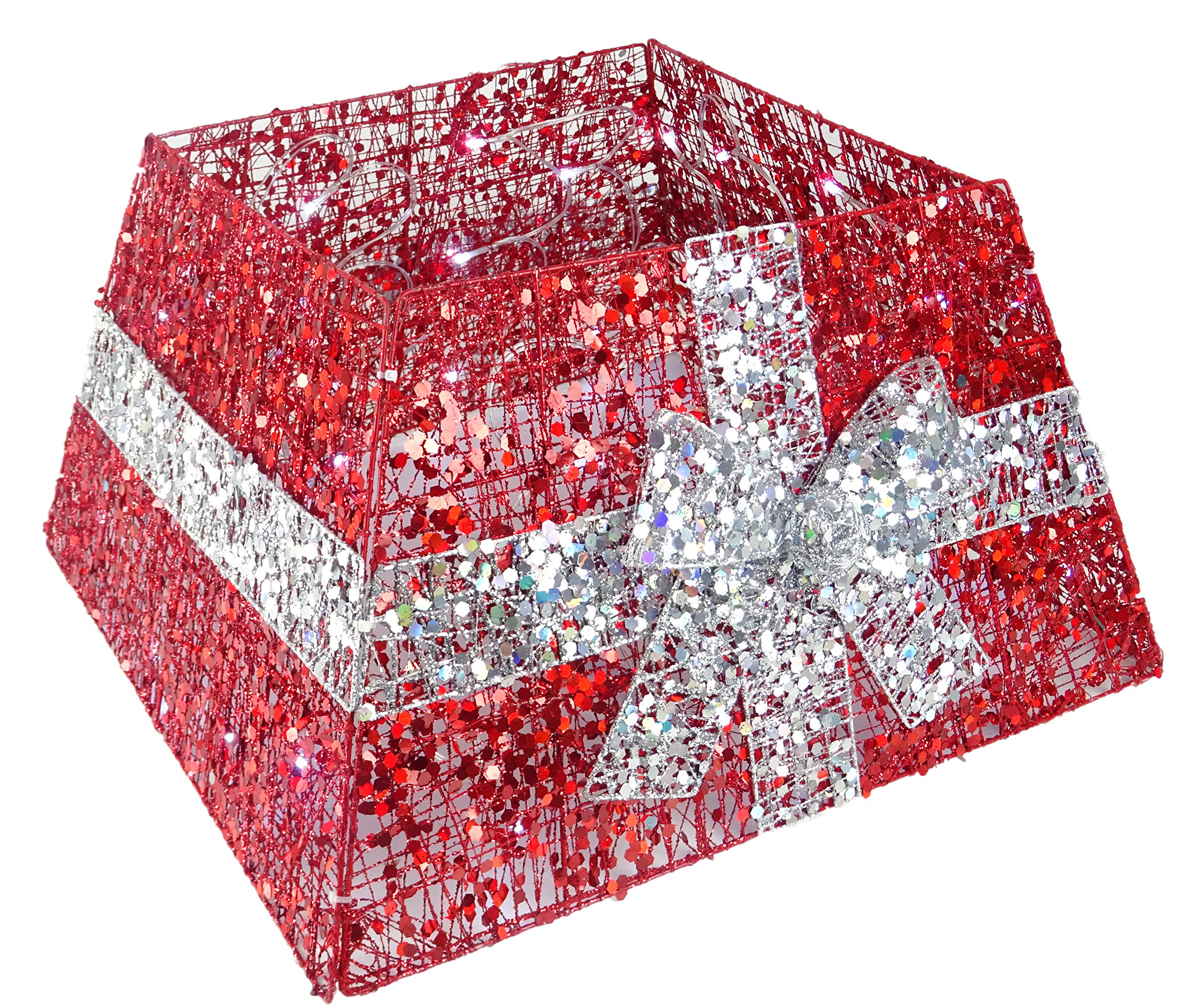 Christmas Concepts® 265mm (10.5") Christmas Luxury Tree Base Skirt With Ribbon and LED Lights Christmas Tree Decorations (Red/Silver)