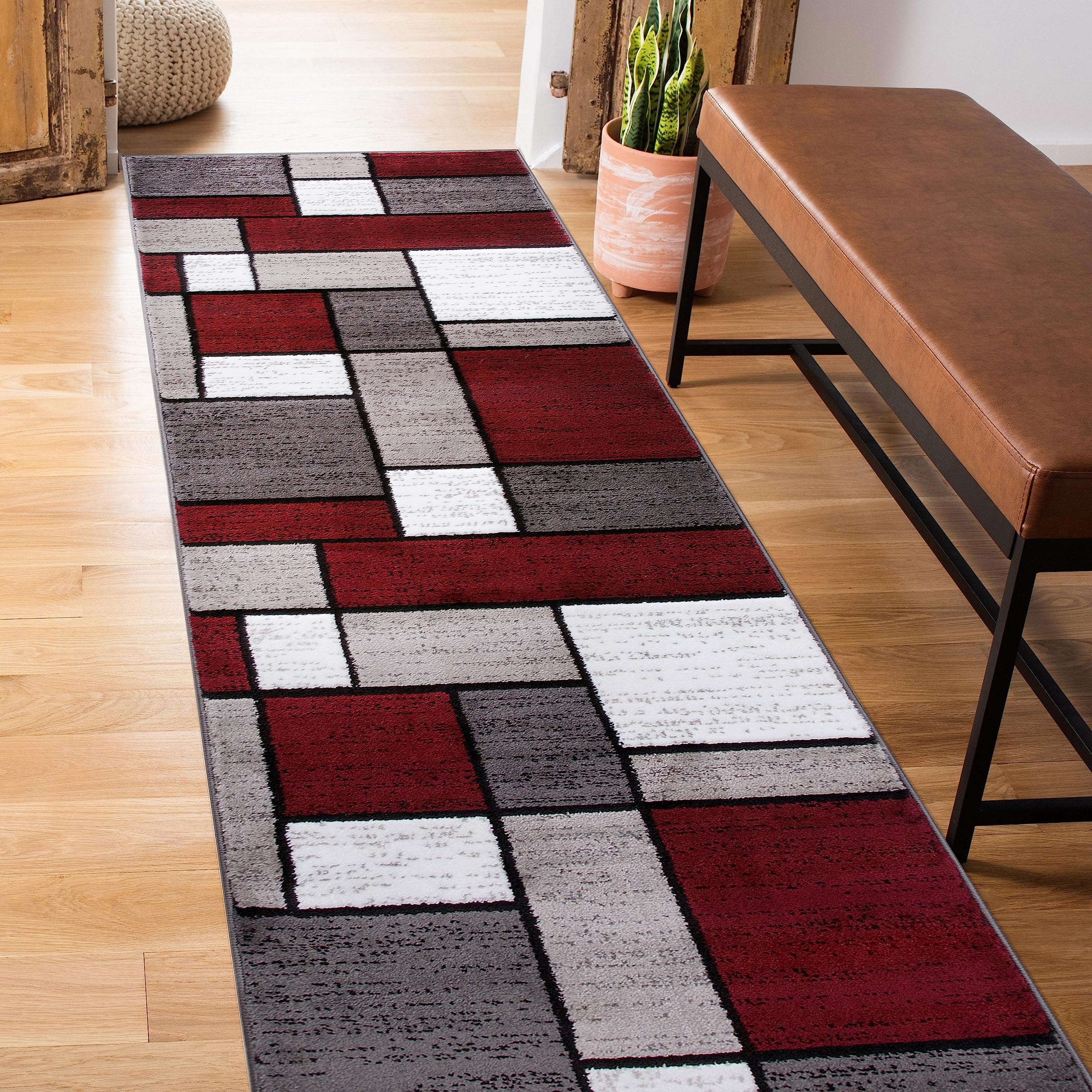 Rugshop Modern Geometric Boxes Red Area Rug, Carpet with Jute Backing for Hallway, Entryway, or Laundry Room, 2' x 7'2" Image
