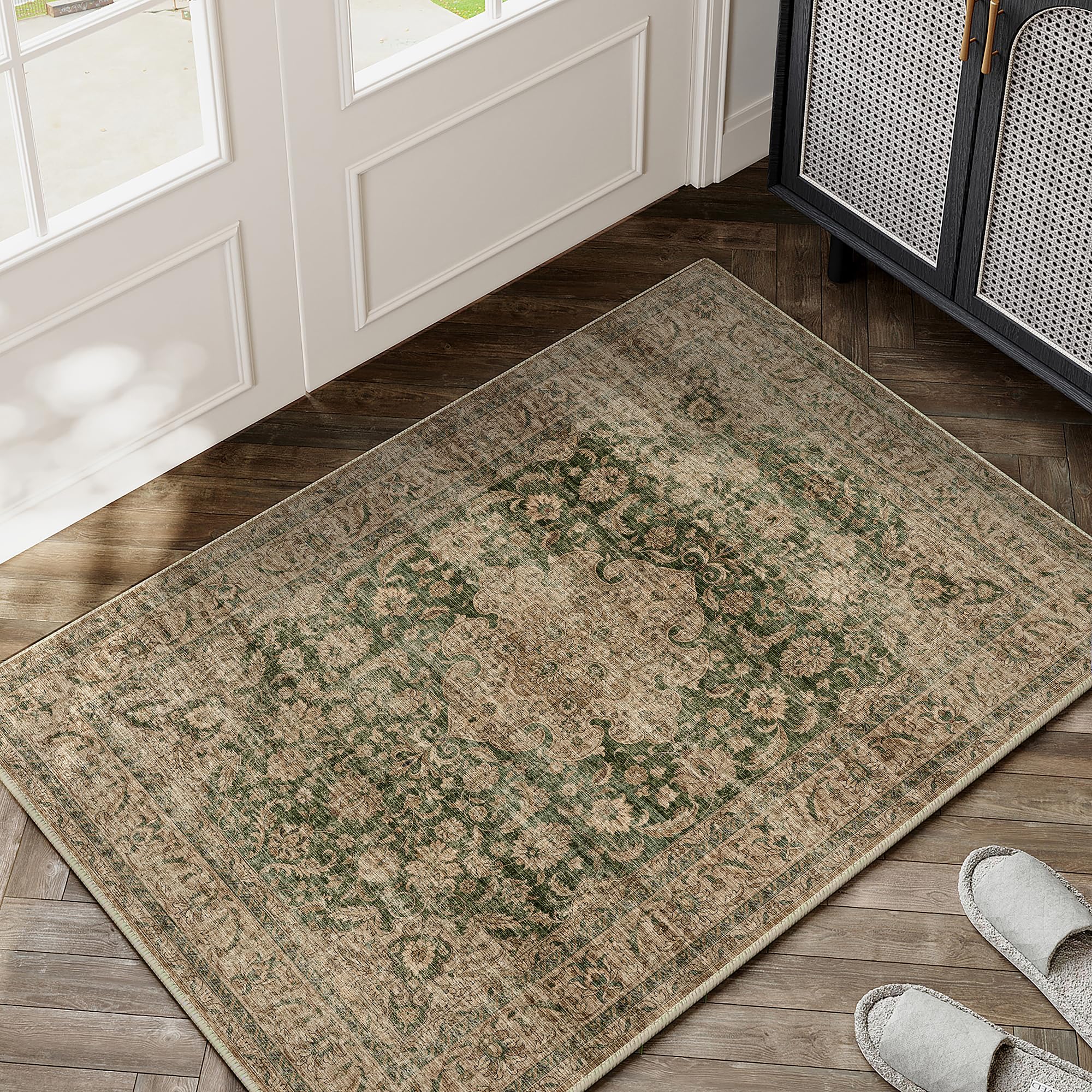 WondRg 2x3 Washable Green Vintage Area Rug for