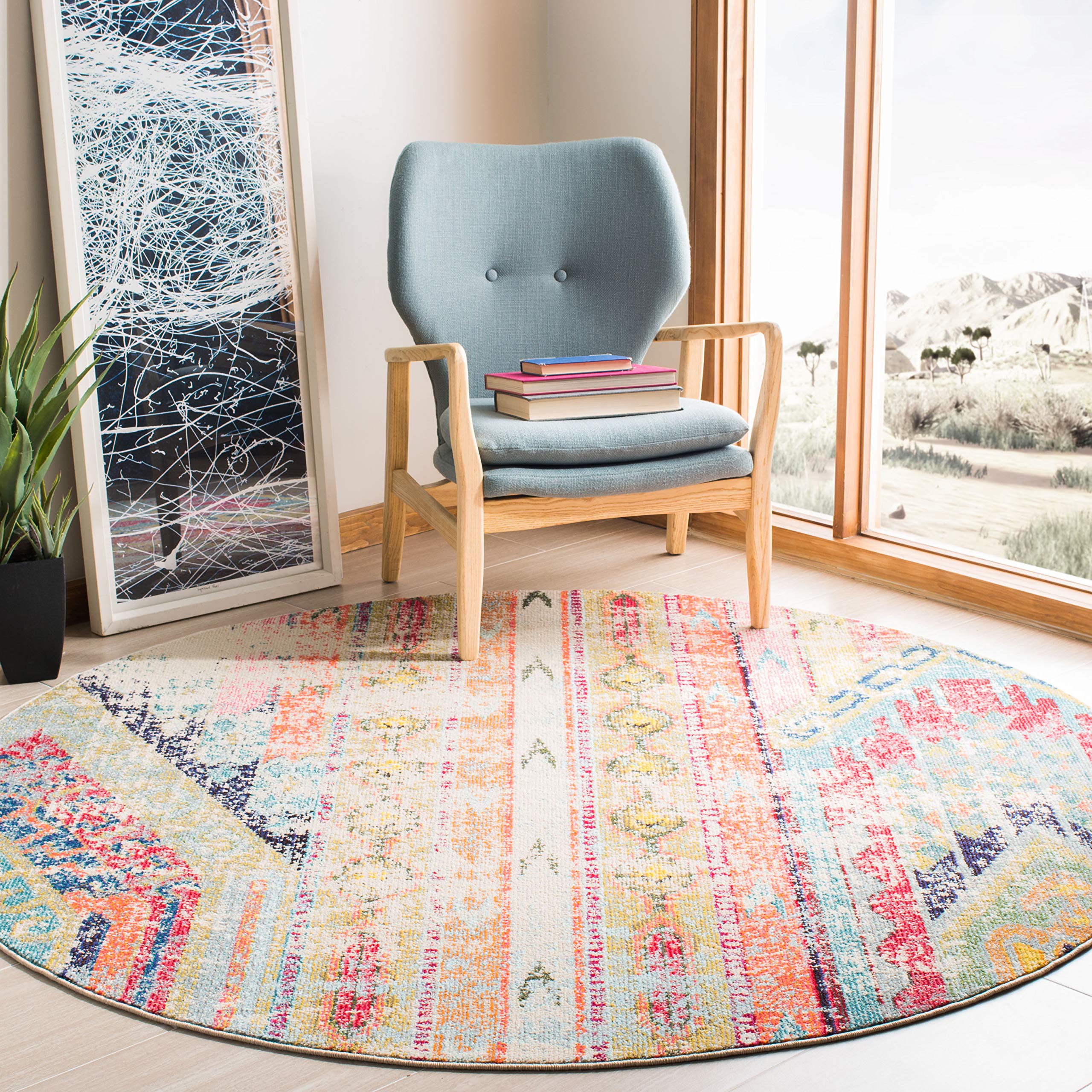 SAFAVIEH Madison Collection 8' Round Blue/Orange MAD422F Boho Chic Tribal Non-Shedding Living Room Dining Bedroom Foyer Area Rug Image SAFAVIEH Madison Collection 8' Round Blue/Orange MAD422F Boho Chic Tribal Non-Shedding Living Room Dining Bedroom Foyer Area Rug Image