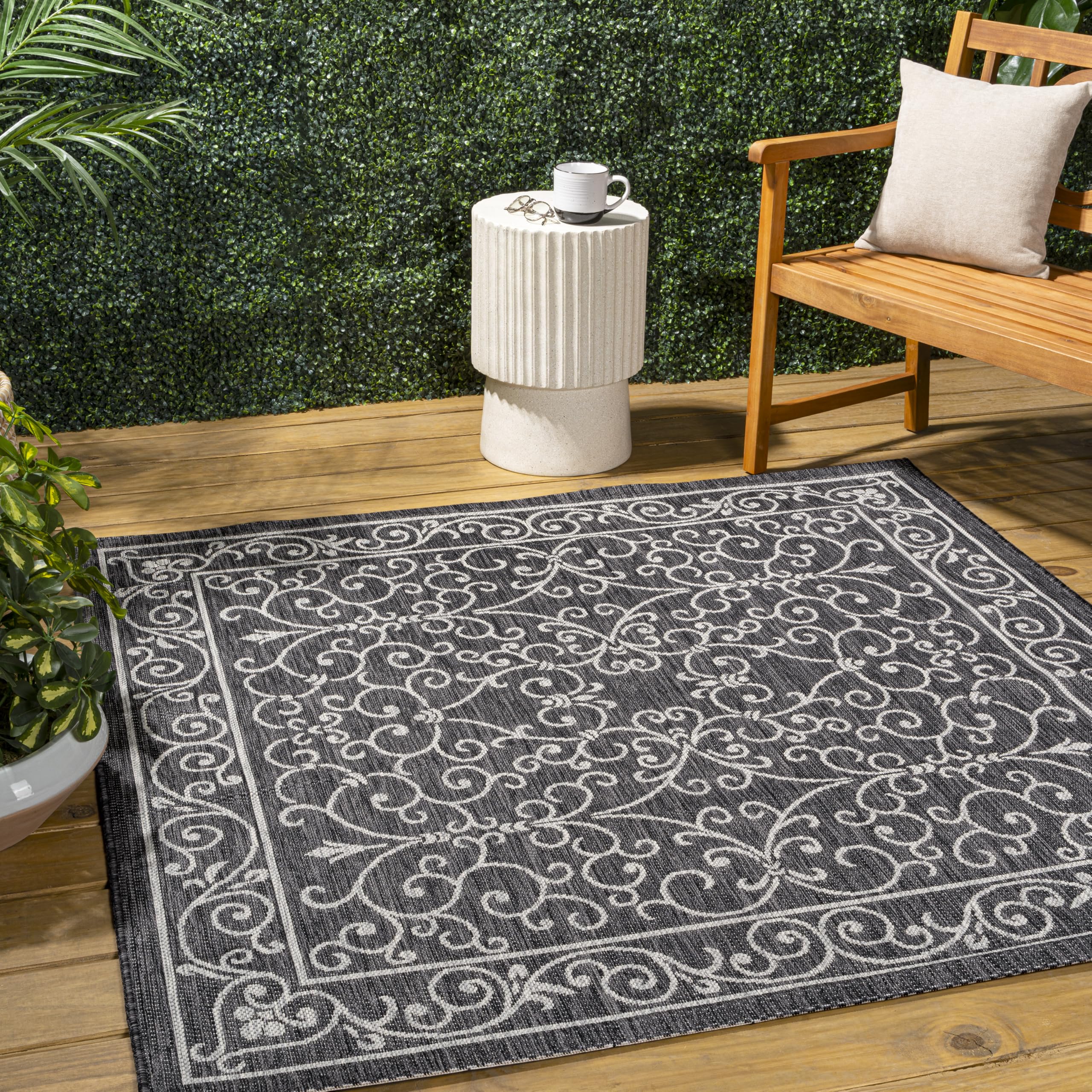 JONATHAN Y Vintage Filigree Indoor Outdoor Square Area Rug 9X9 Black/Gray, Charleston Textured Weave for Backyard, Patio, Porch, Easy-Cleaning, High Traffic, Pet-Friendly, Non-Shedding (SMB106G-9SQ) Image