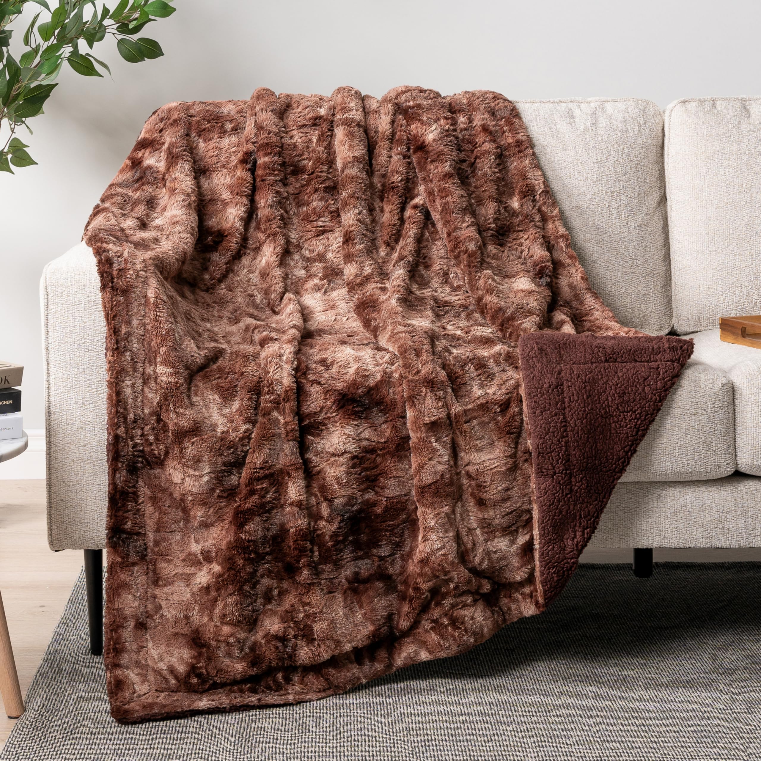 Photo 1 of PAVILIA Faux Fur Throw Blanket Tie-Dye Brown, Soft Fuzzy Warm Sherpa Blankets & Throws for Bed, Fluffy Plush Thick Fleece Throw Blanket for Couch Sofa, Reversible Furry Shaggy Blanket, Brown 50x60