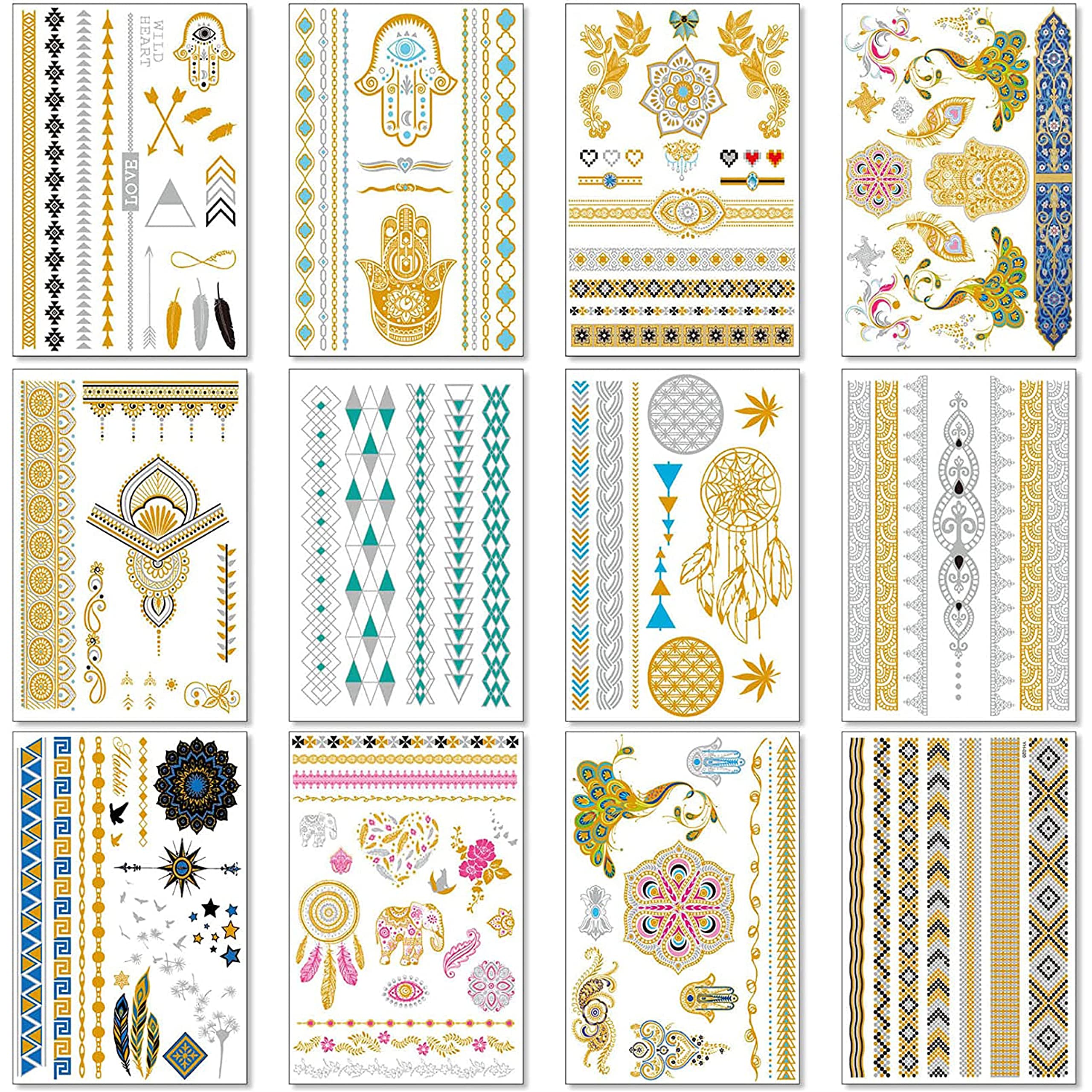 Metallic Temporary Transfer Tattoos for Women Teens Girls - 12 Sheets Gold Silver Temporary Tattoo Shimmer Glitter Designs Jewellery Tattoos - 150+ Colour Flash Fake Waterproof Tattoo Stickers (Saona)