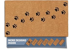 Barnyard Designs Natural Coco Coir Heavy Duty Backing Doormat - Large Cute Non-Slip Front Door Welcome Mat for Outside Entrance or Porch Entry, Brown (17x30, Paws)