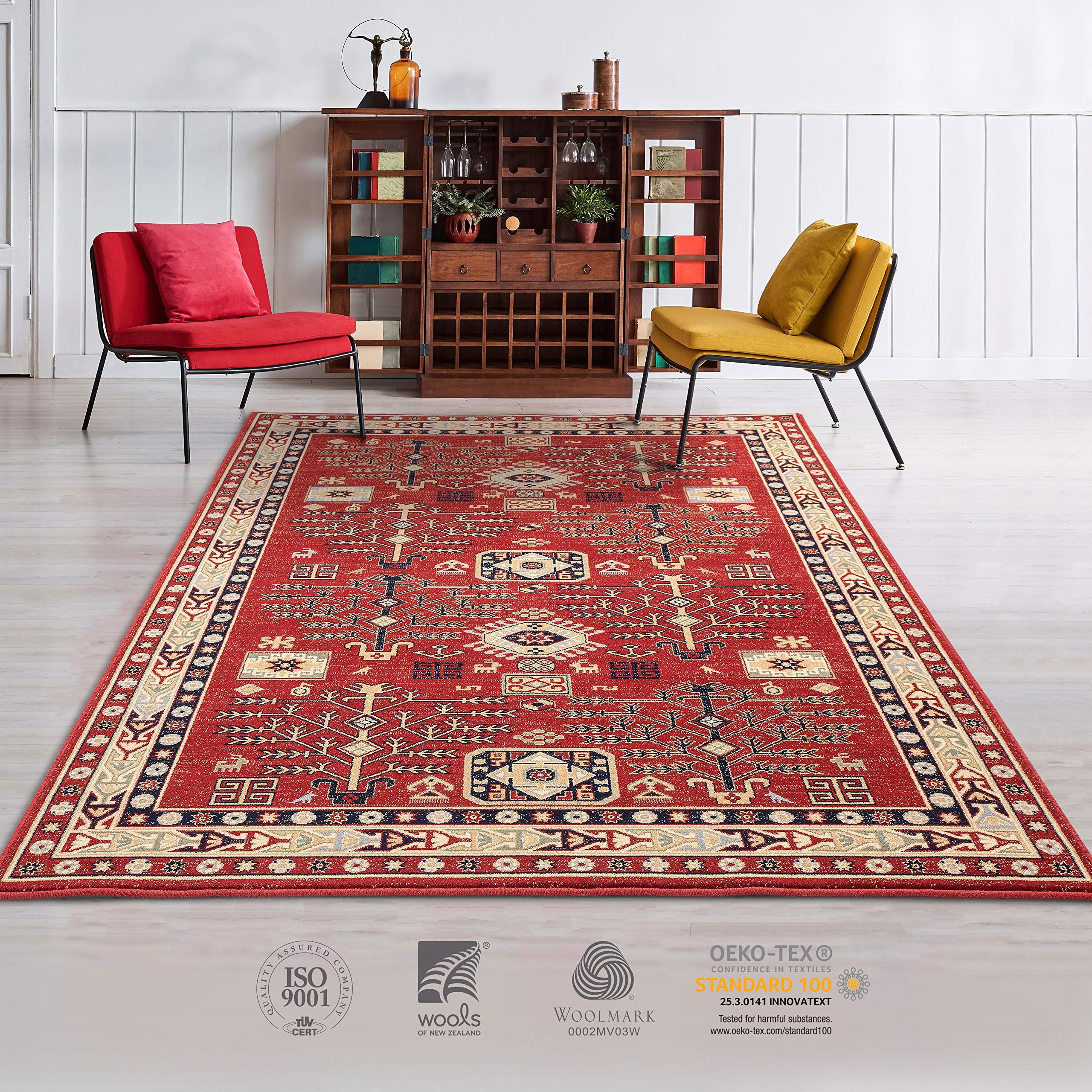 MOLDABELA Classic Natural Wool Rug for Living Room & Bedroom, Red, Soft & Durable Rug, 80x150cm