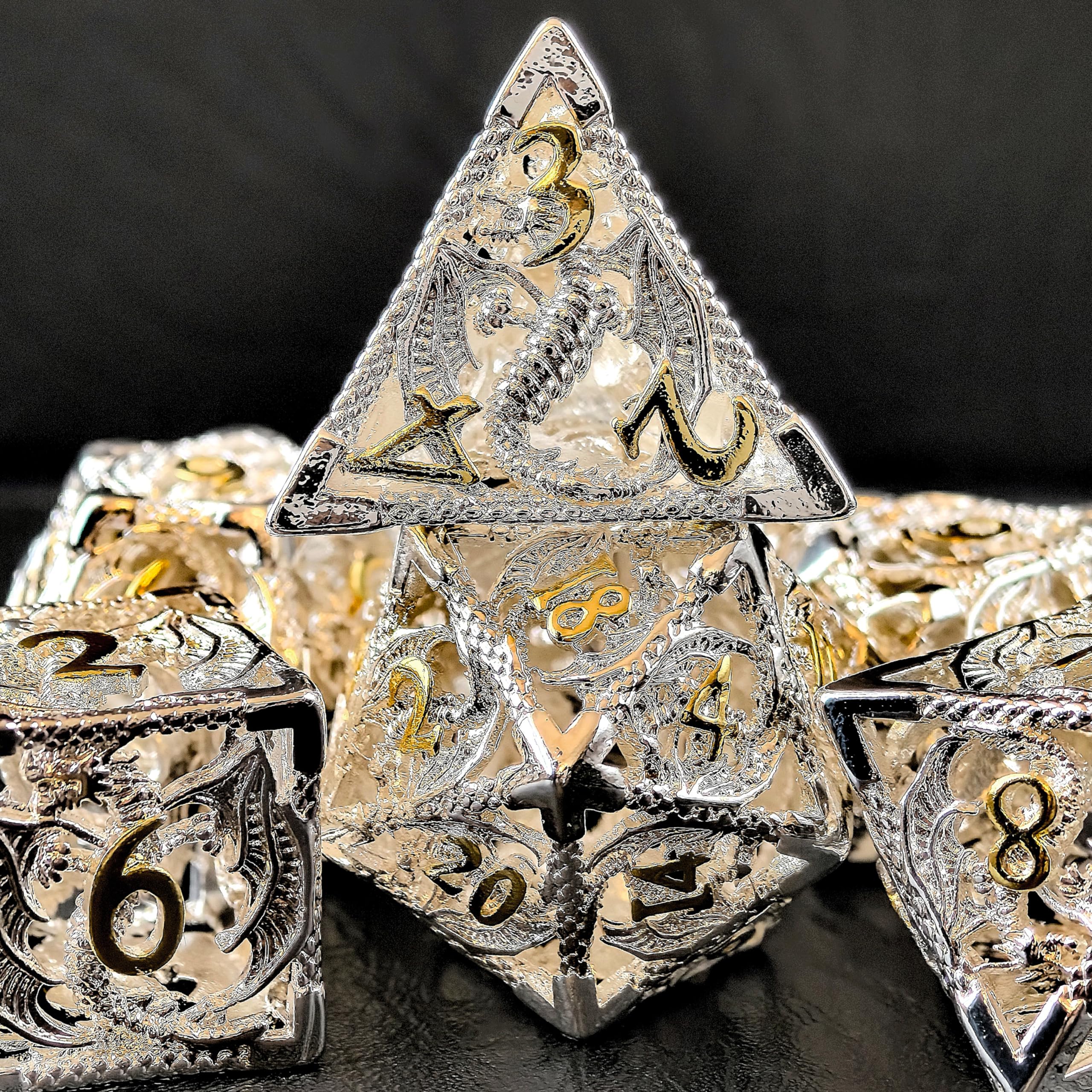 Jewelry Like Hollow D&D Metal Dice with 3D Dragon Feature, Silver and Golden Numbers