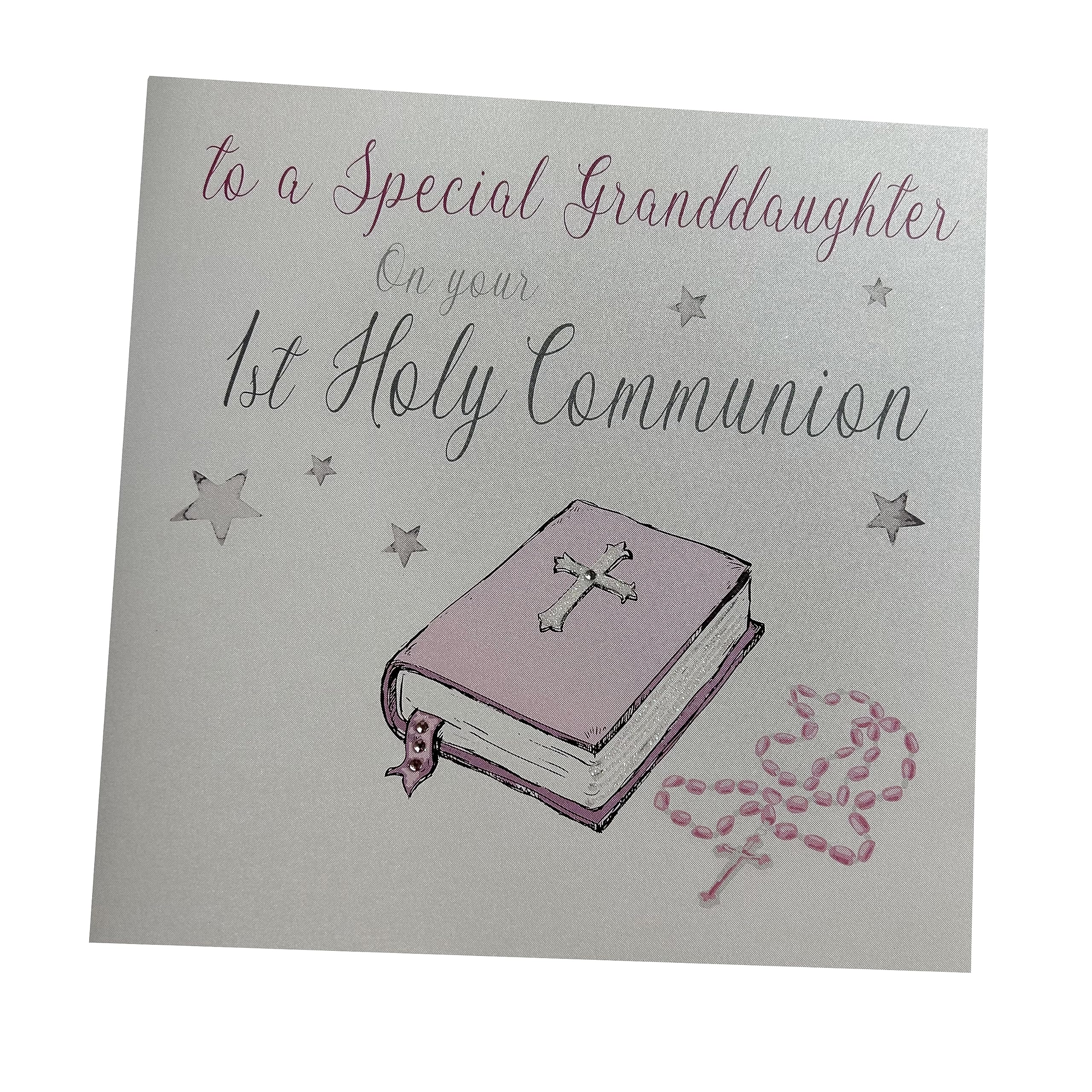 white cotton cards Large Handmade To A Special Granddaughter On Your 1st Holy Communion Pink Bible Card, White, XN88GD