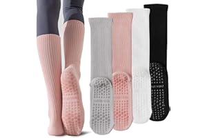 Women Grip Pilates Socks, Non Slip Gripper Slouch Sock with Grips Scrunch Crew Pilates Long Socks for Barre Yoga Workout