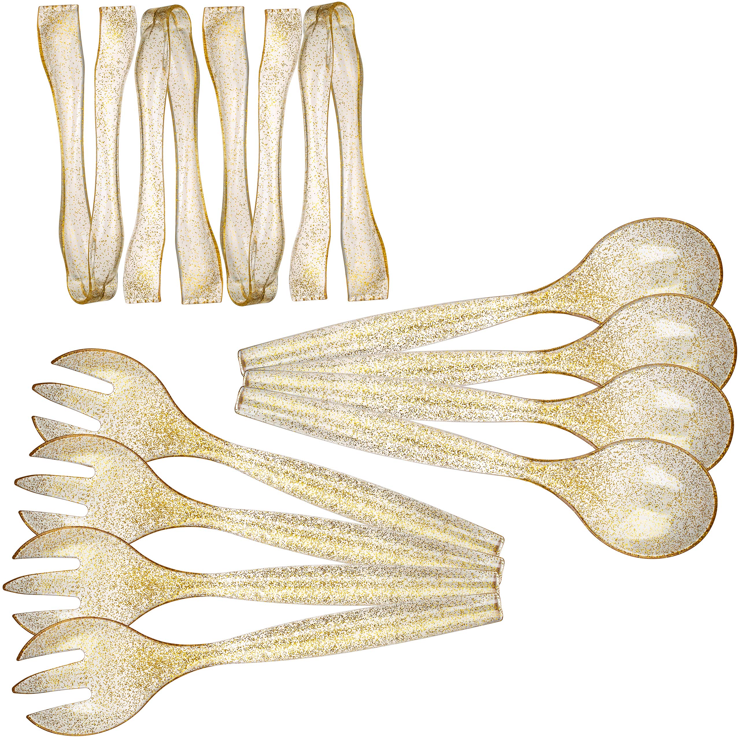 Plastic Serving Utensils, Heavy Duty Disposable utensil,12 Pack, Four 10” Spoons and Forks, Four 6-1/2” Tongs, Gold