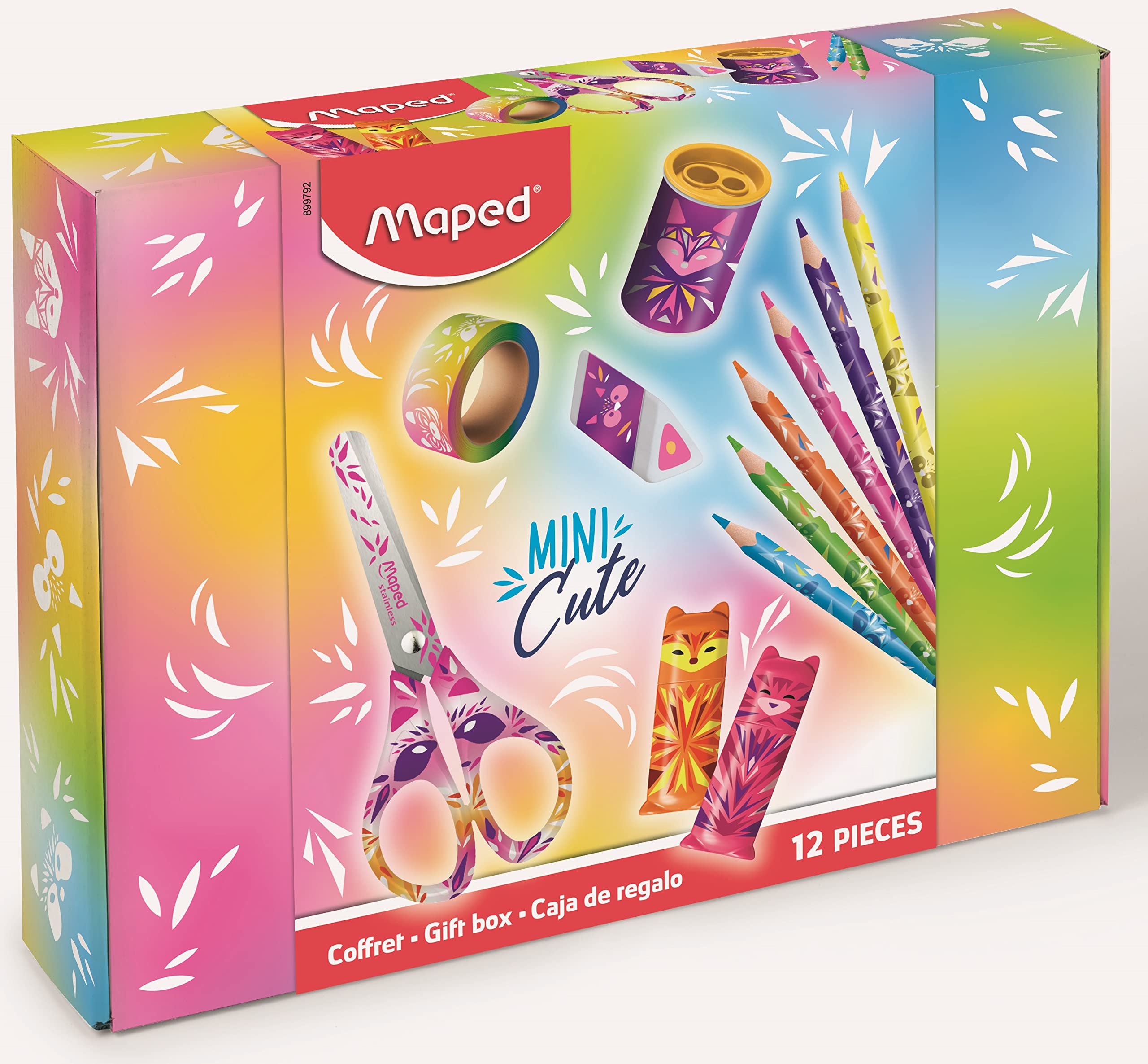 Maped - 12-Piece Mini Cute Gift Set - 1 Scissors + 1 Pencil Sharpener + 1 Pyramid Eraser + 6 Coloured Pencils + 2 Highlighters + 1 Roll of Multicoloured Masking Tape