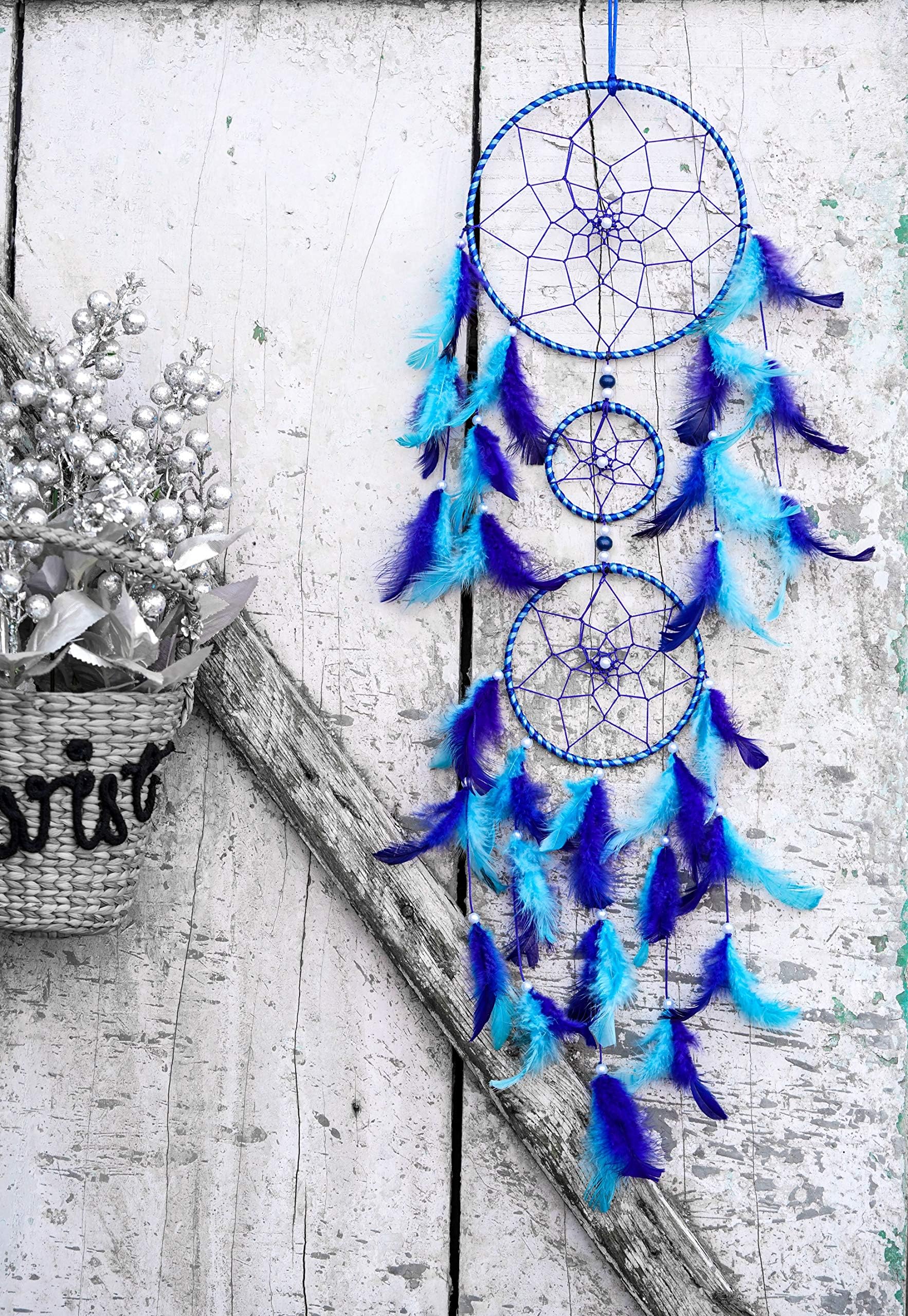 ILU® Wall Hanging Handmade Beaded~ 3 Circular Net with Feather Decoration Ornaments Blue
