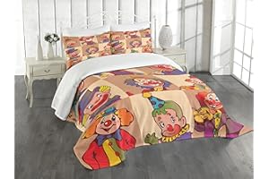 Lunarable Circus Bedspread, Funny Clowns Illustration Print Entertaining Joke Enjoyment Theme, Decorative Quilted 3 Piece Coverlet Set with 2 Pillow Shams, Queen Size, Coral Red