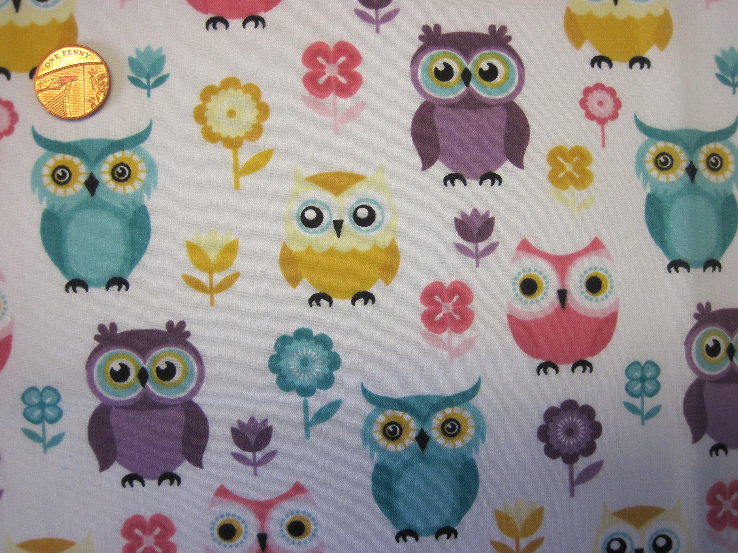 The Craft Junction Hawkey Bright Eyed Woodland Owls Flowers Floral Polycotton Fabric Craft Dressmaking Sewing - Per Metre