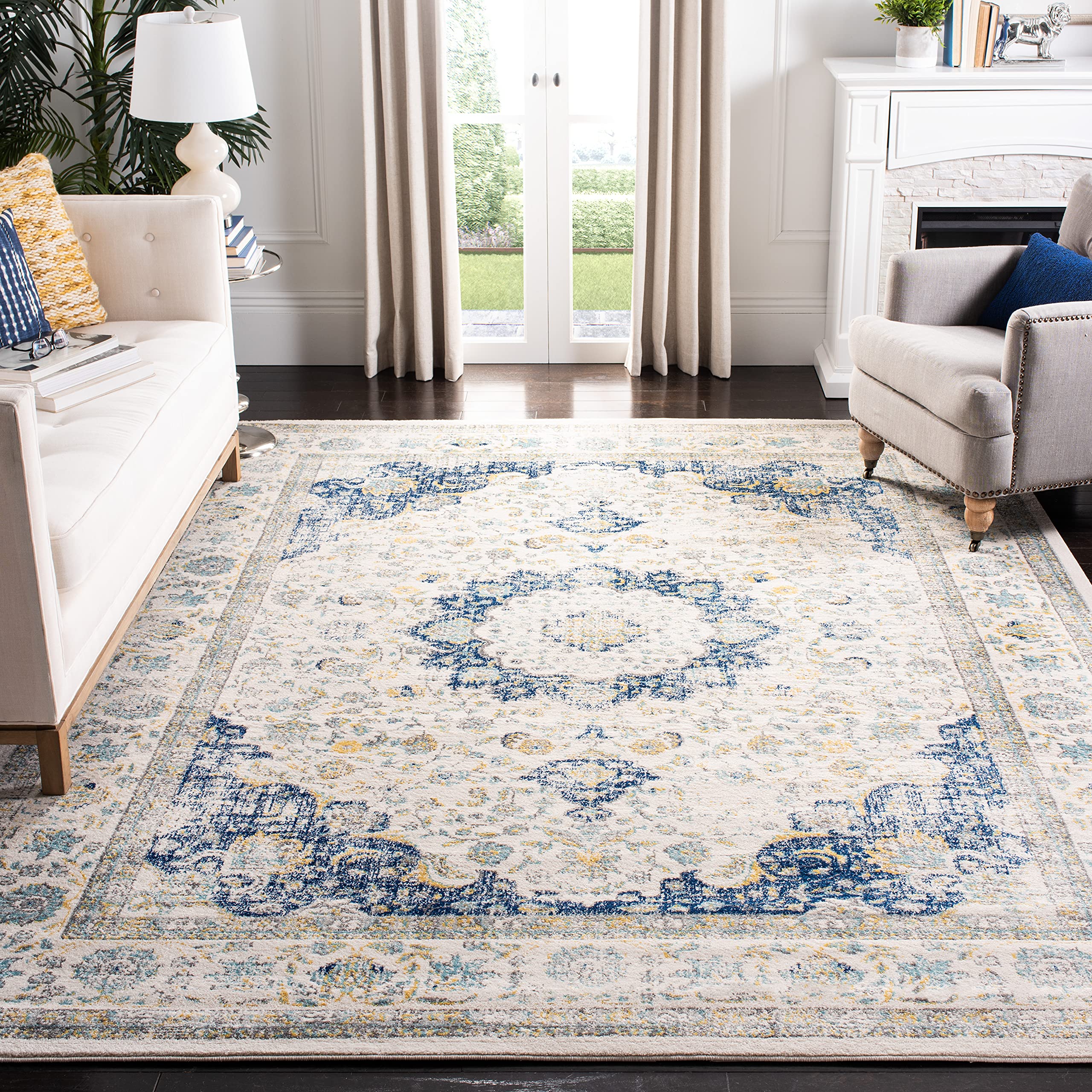 SAFAVIEH Evoke Collection X-Large Area Rug - 11' x 15', Ivory & Blue, Shabby Chic Oriental Medallion Design, Non-Shedding & Easy Care, Ideal for High Traffic Areas in Living Room, Bedroom (EVK220C) Image SAFAVIEH Evoke Collection X-Large Area Rug - 11' x 15', Ivory & Blue, Shabby Chic Oriental Medallion Design, Non-Shedding & Easy Care, Ideal for High Traffic Areas in Living Room, Bedroom (EVK220C) Image