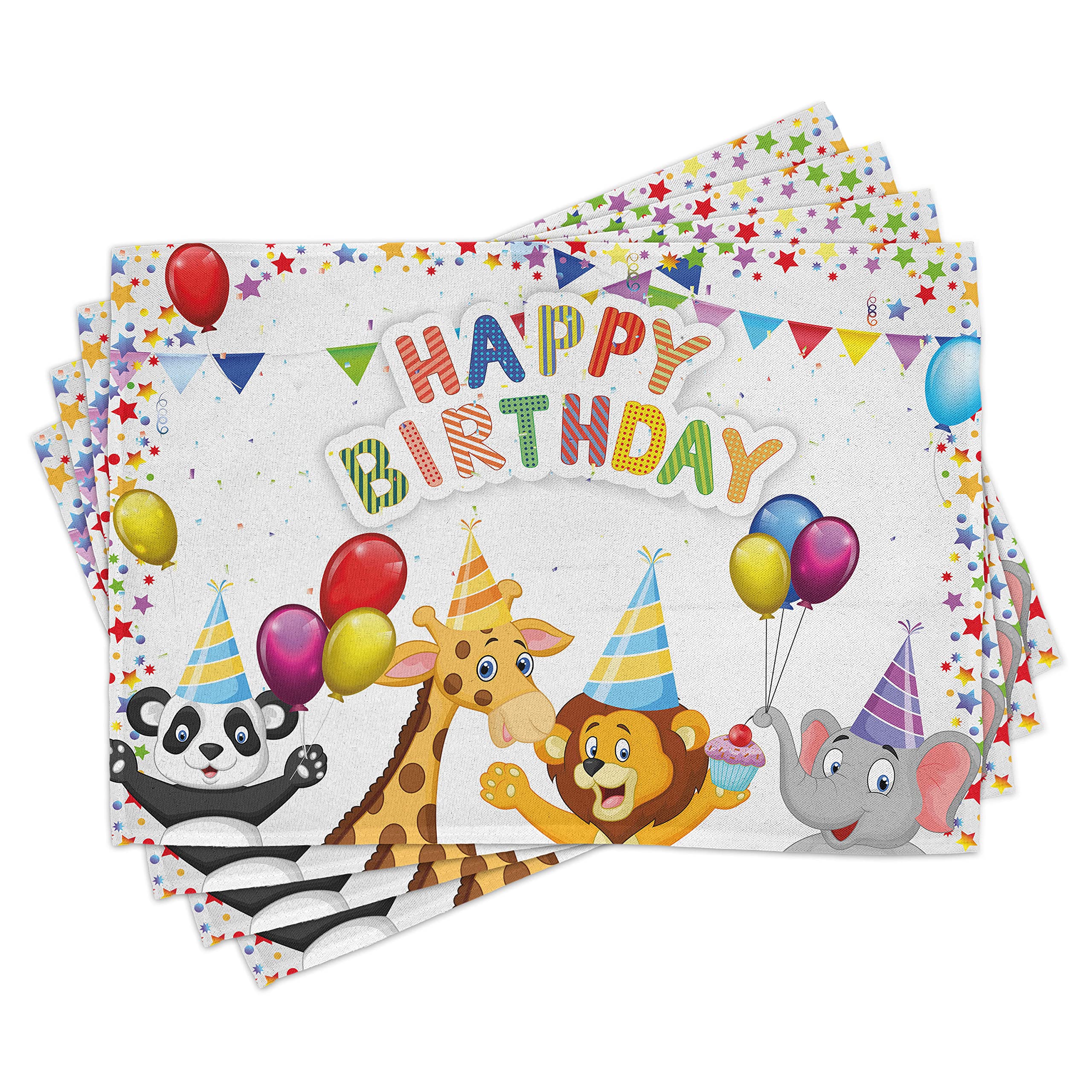 ABAKUHAUS Birthday Place Mats Set of 4, Cartoon Animals Party, Washable Fabric Placemats for Dining Room Kitchen Table Decor, Multicolor