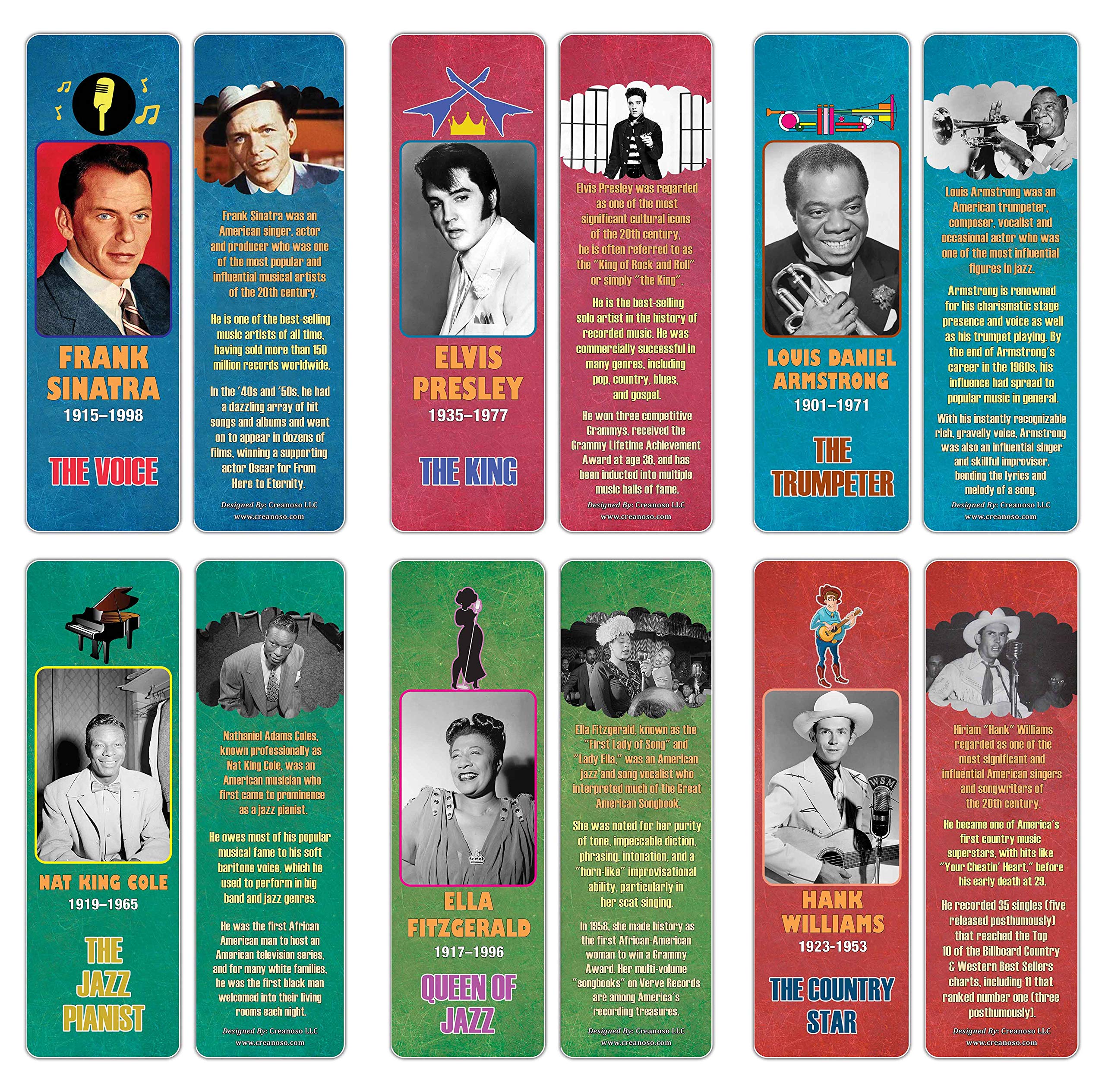 Creanoso Historical Fact American Famous Musicians Bookmark Cards (30-Pack) – Learning Reading Bookmarks Collection Set – Stocking Stuffers for Boys, Girls, Kids – Classroom Incentives - Gift Tokens