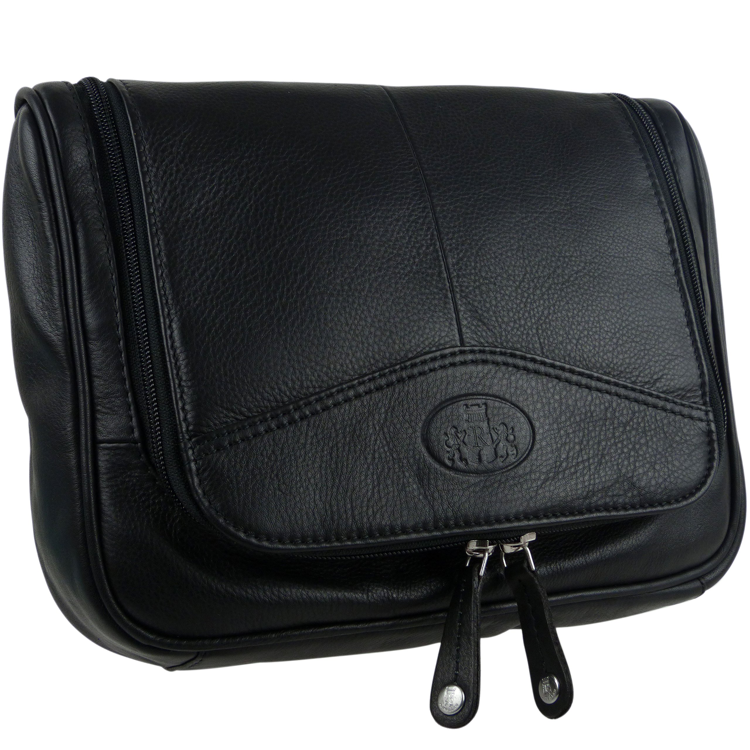 Rowallan Mens Quality Vintage Leather Hanging Wash Bag Travel Toiletries - Black