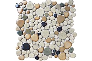 Primoon Pebble Stone Mosaic Tiles 5 Sheets, Beige Tan Brown Ceramic Mosaic Sheets Mesh Mounted 12x12, Glazed Porcelain Tile f
