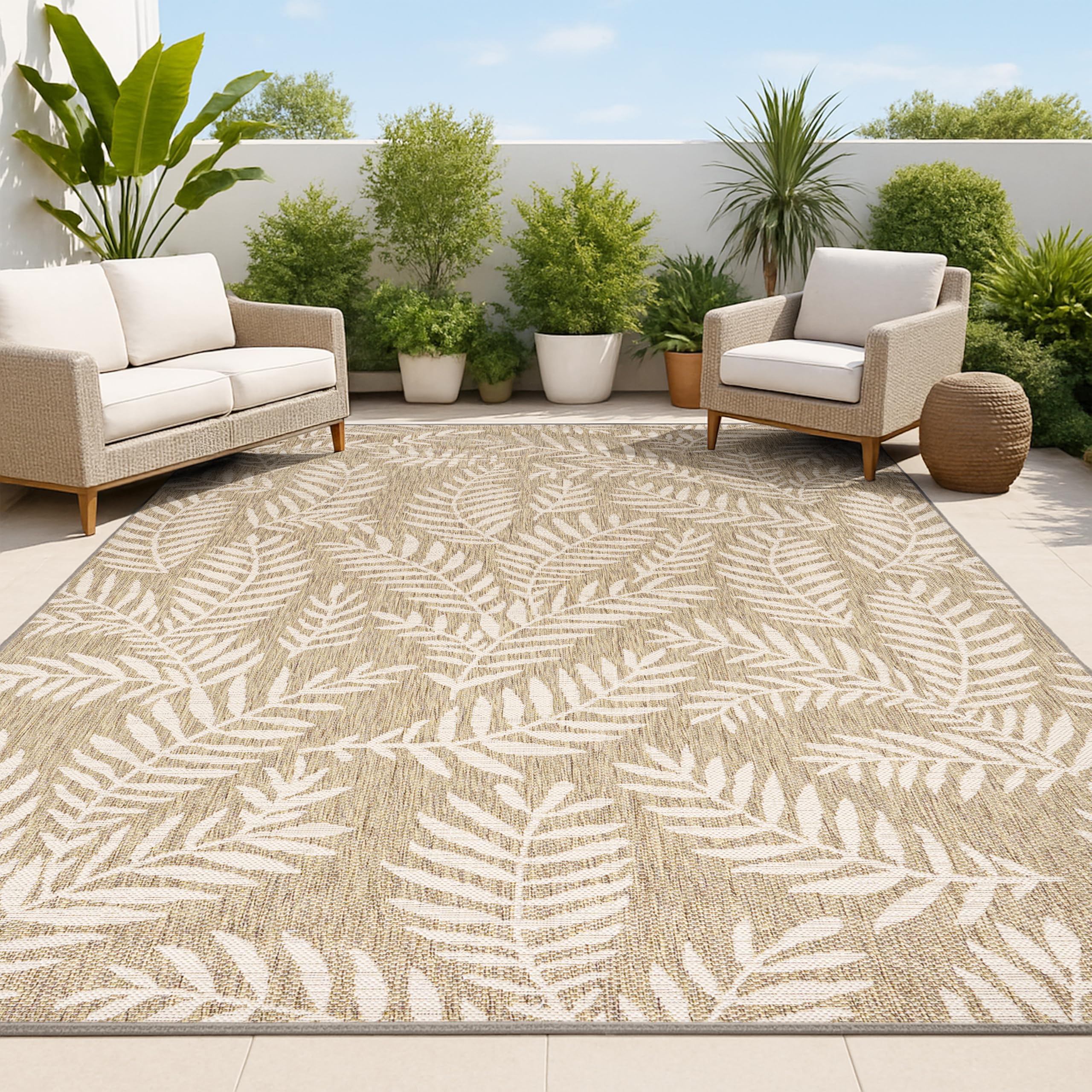 JONATHAN Y Palm Frond Indoor Outdoor Area Rug 10X14 Brown/Beige, Nevis for Backyard, Patio, Porch, Easy-Cleaning, High Traffic, Pet-Friendly, Non-Shedding (SMB119A-14) Image