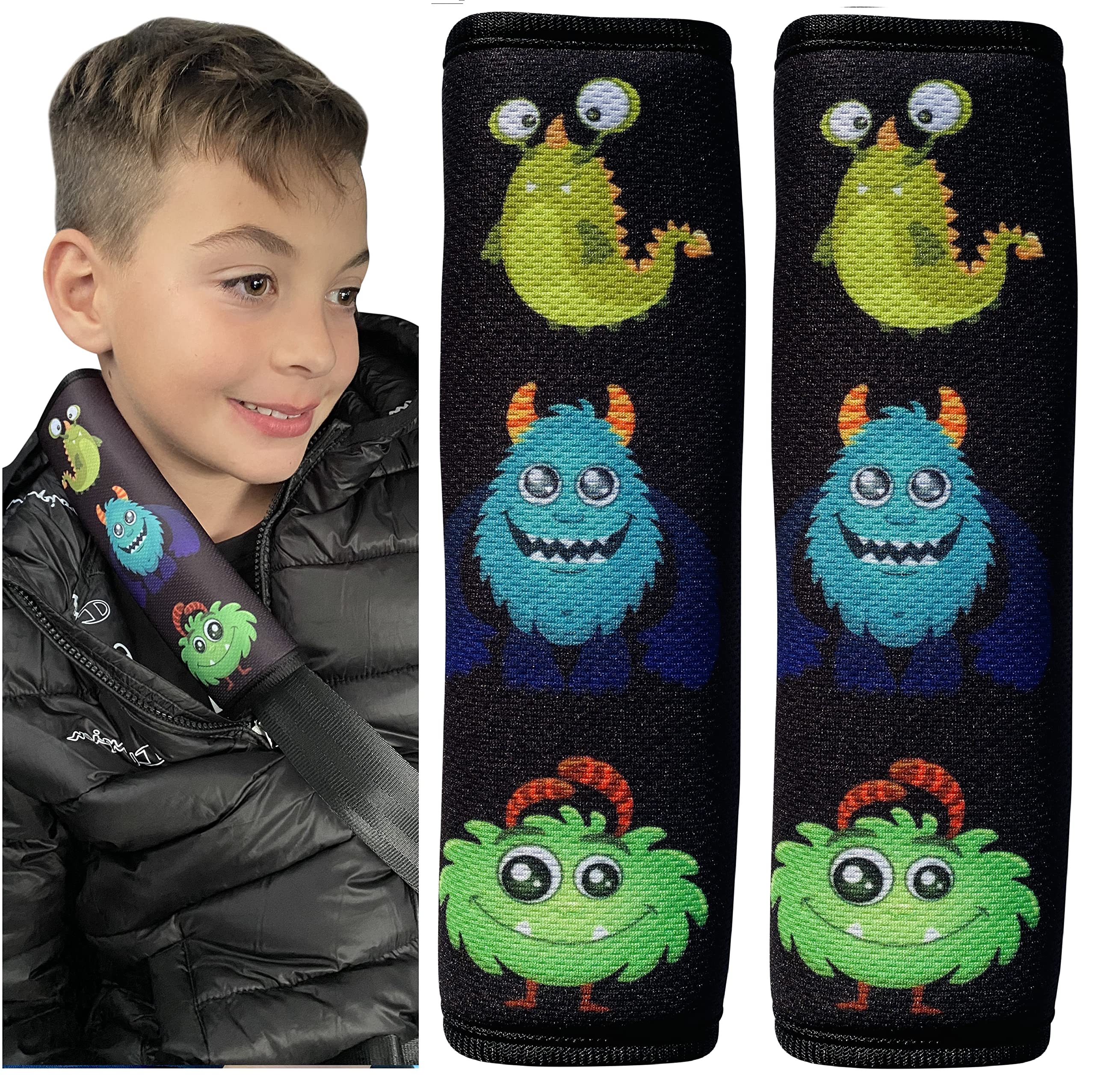 HECKBO 2X Kids Car Seat Belt Pads Seat Belt Protectors - Monster - Seat Belt Pads for Kids and Babies- Ideal for Any Seat Belt Car Booster Seat Kids Bicycle