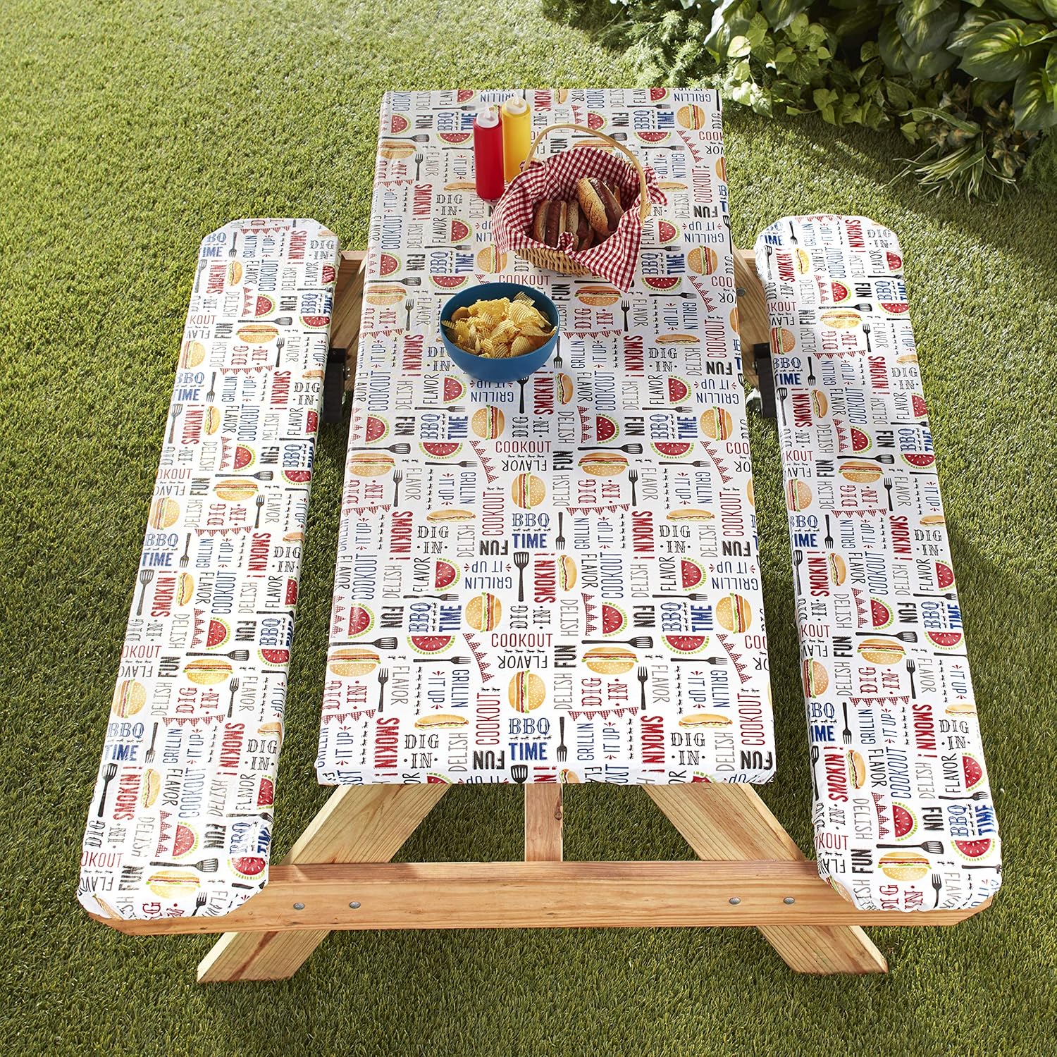 The Lakeside Collection Picnic Table and Bench Seat Covers with Elastic Edges - BBQ - 3 Pieces : Garden & Outdoor