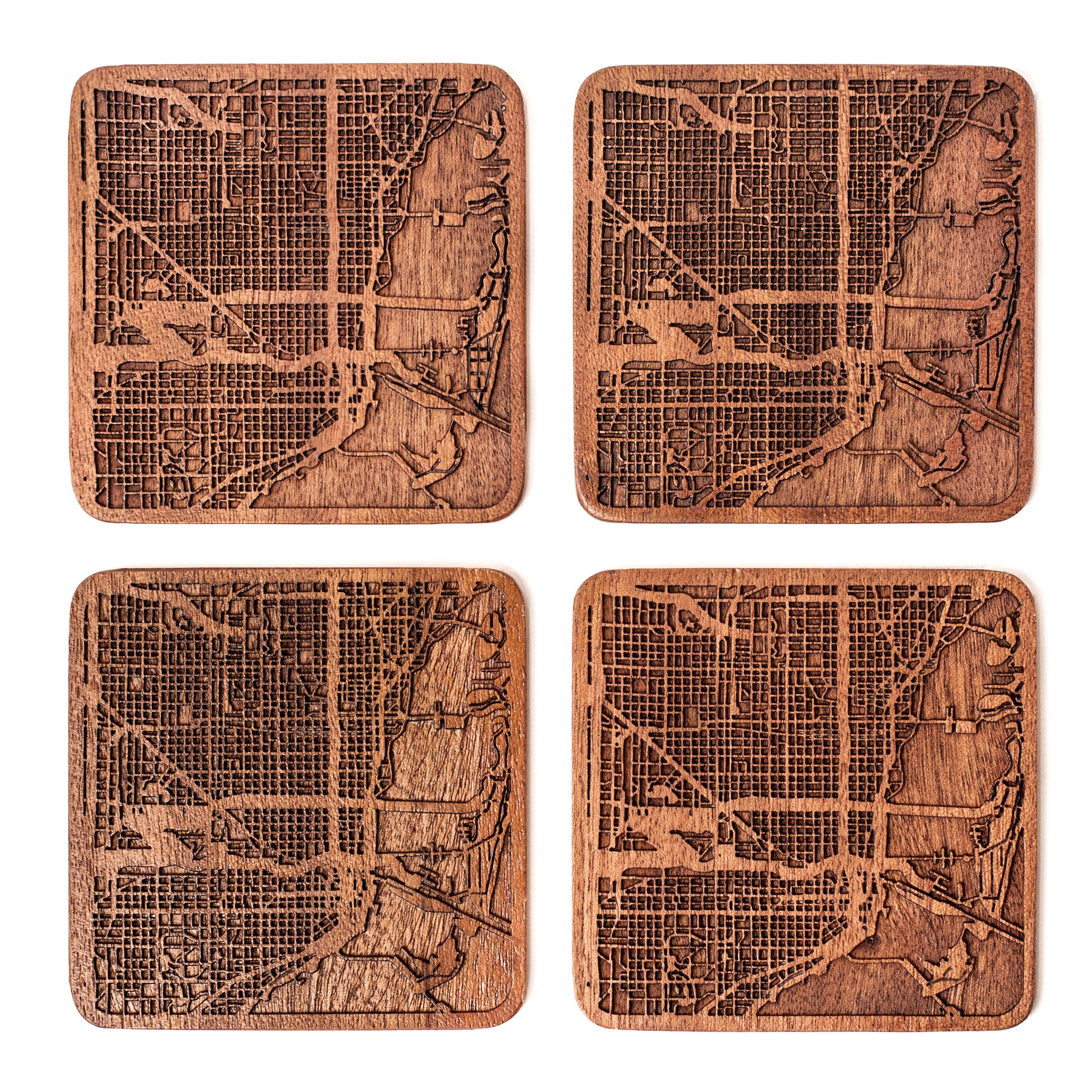 Miami Map Coaster, Set of 4, Sapele Wooden Coaster with City map, Multiple City Optional, Handmade