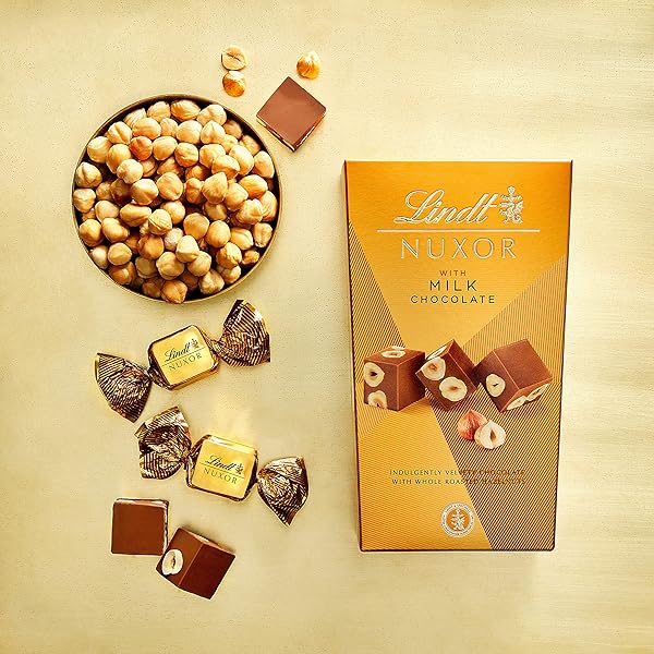 LINDT NUXOR MILK CHOCOLATE CANDY, CHOCOLATE WITH WHOLE ROASTED HAZELNUTS, 5.8 OZ. BOX