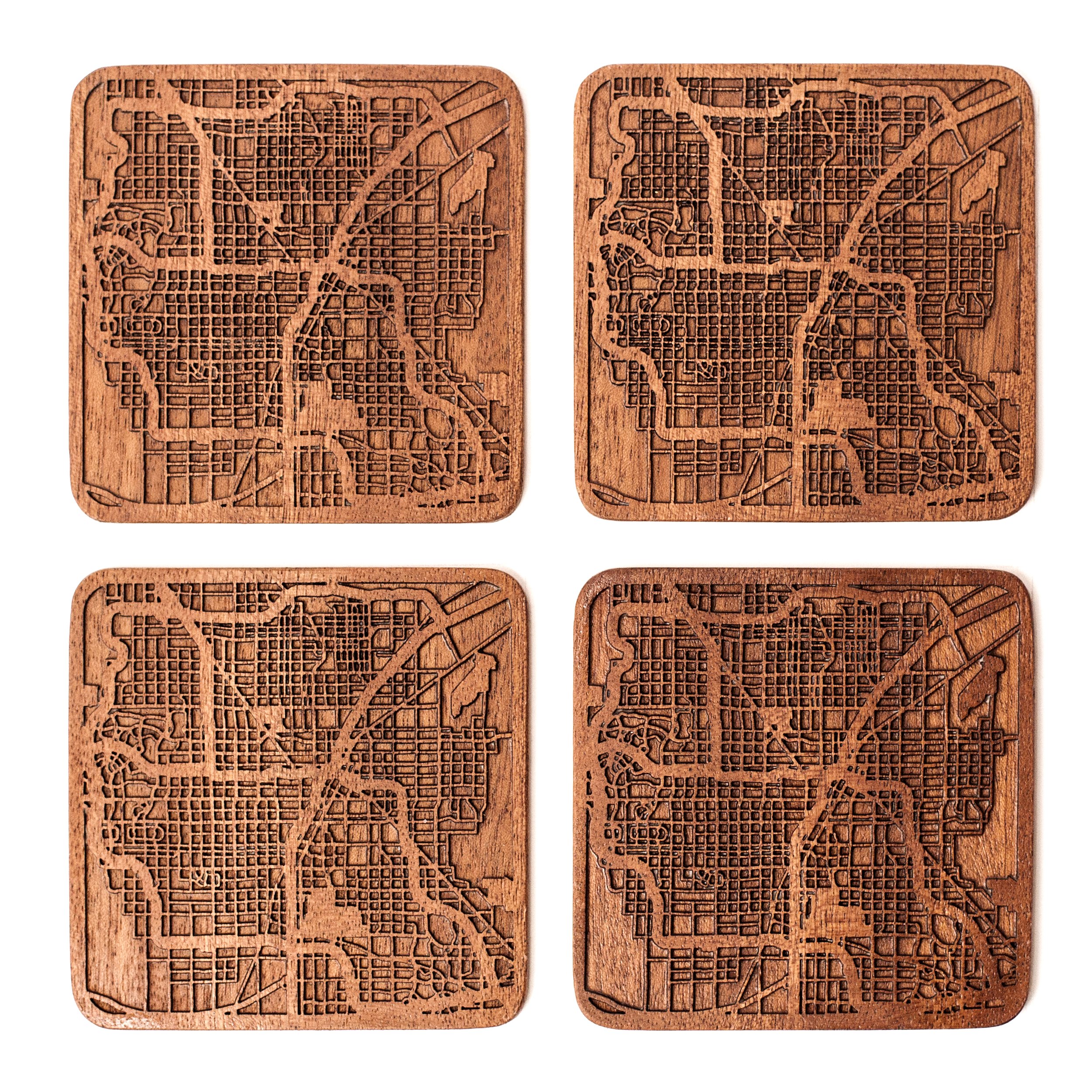 Las Vegas Map Coaster, Set of 4, Sapele Wooden Coaster with City Map, Handmade