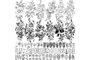 VANTATY 65 Sheets Black Realistic Flower Temporary Tattoos For Women Arm Thigh, 3D Fake Tattoos That Look Real And Last Long, Temp Rose Sketch Moon Snake Peony Floral Tattoo Stickers For Adults Girls