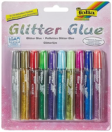 folia 574 - Glitter Glue, Klebestifte mit Glitzer, 10 Stifte sortiert in 10 Farben, je 9,5 ml - zum Bemalen und Verzieren