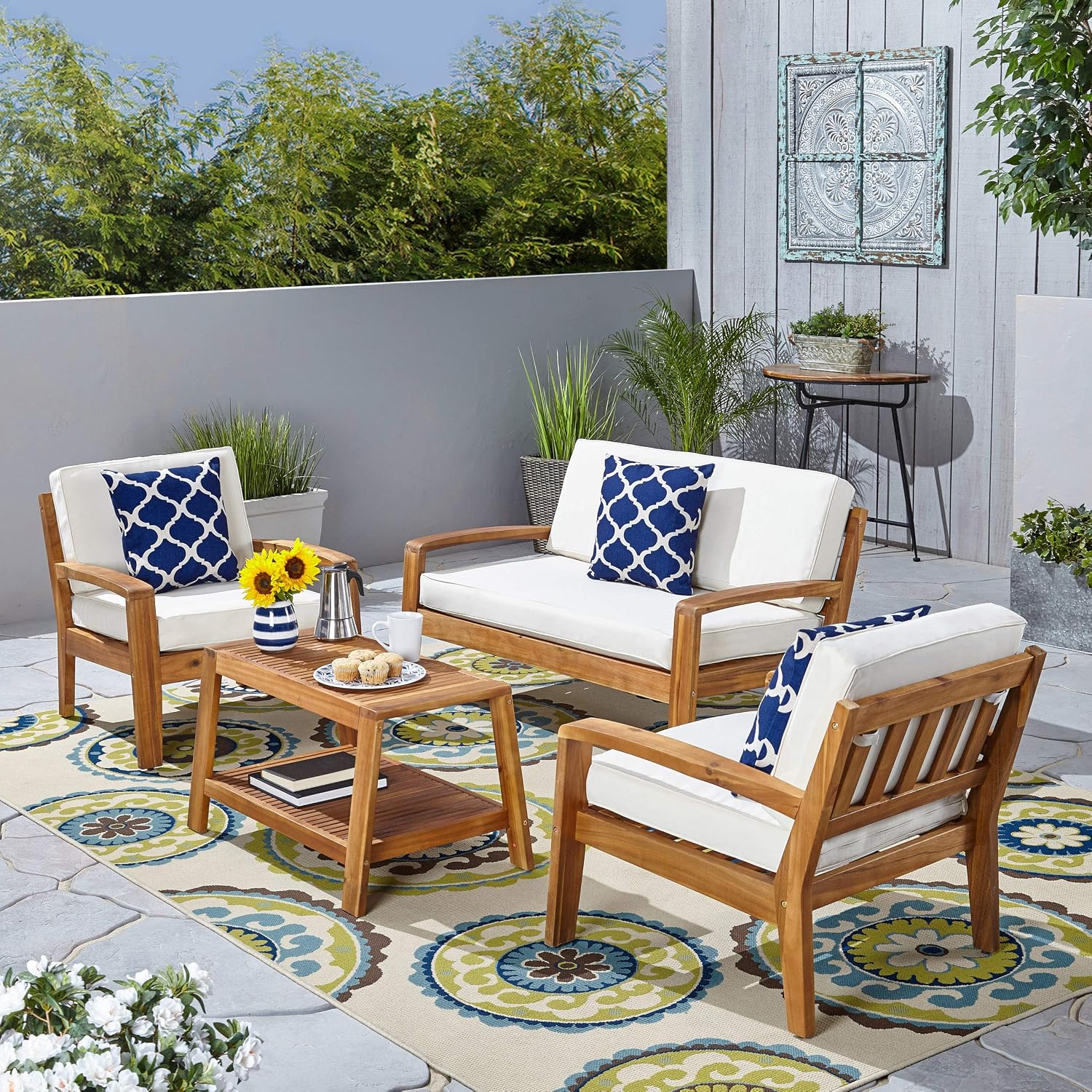 Amazon Com Gdf Studio Parma 4 Piece Outdoor Wood Patio Furniture Chat Set W Water Resistant Cushions Four Piece Chat Set Beige Garden Outdoor