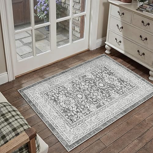 HUGEAR 2x3 Entryway Rug Vintage Grey Small Area Rug Machine Washable Door Mat Retro Floral Low Pile Carpet Vacuumable Distressed Throw Rug Entrance Kitchen Bathroom Bedroom Non Slip Lightweight