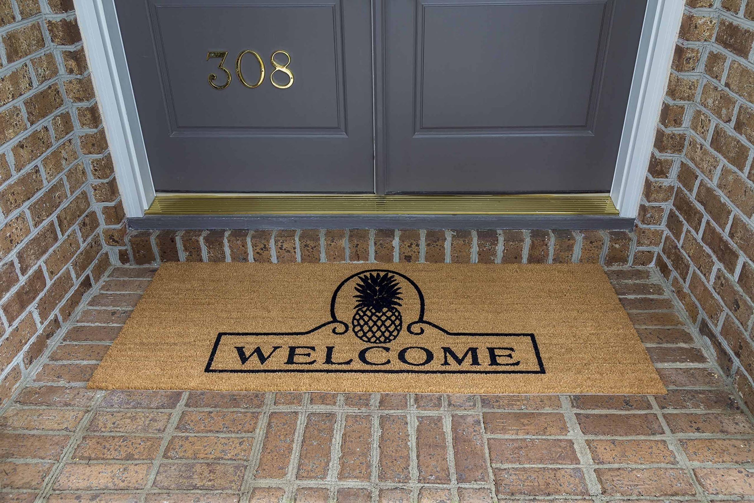 DeCoir 24" X 60" 'Pineapple Welcome' Large Coir Double Door Mat, 24" x 60"/Large