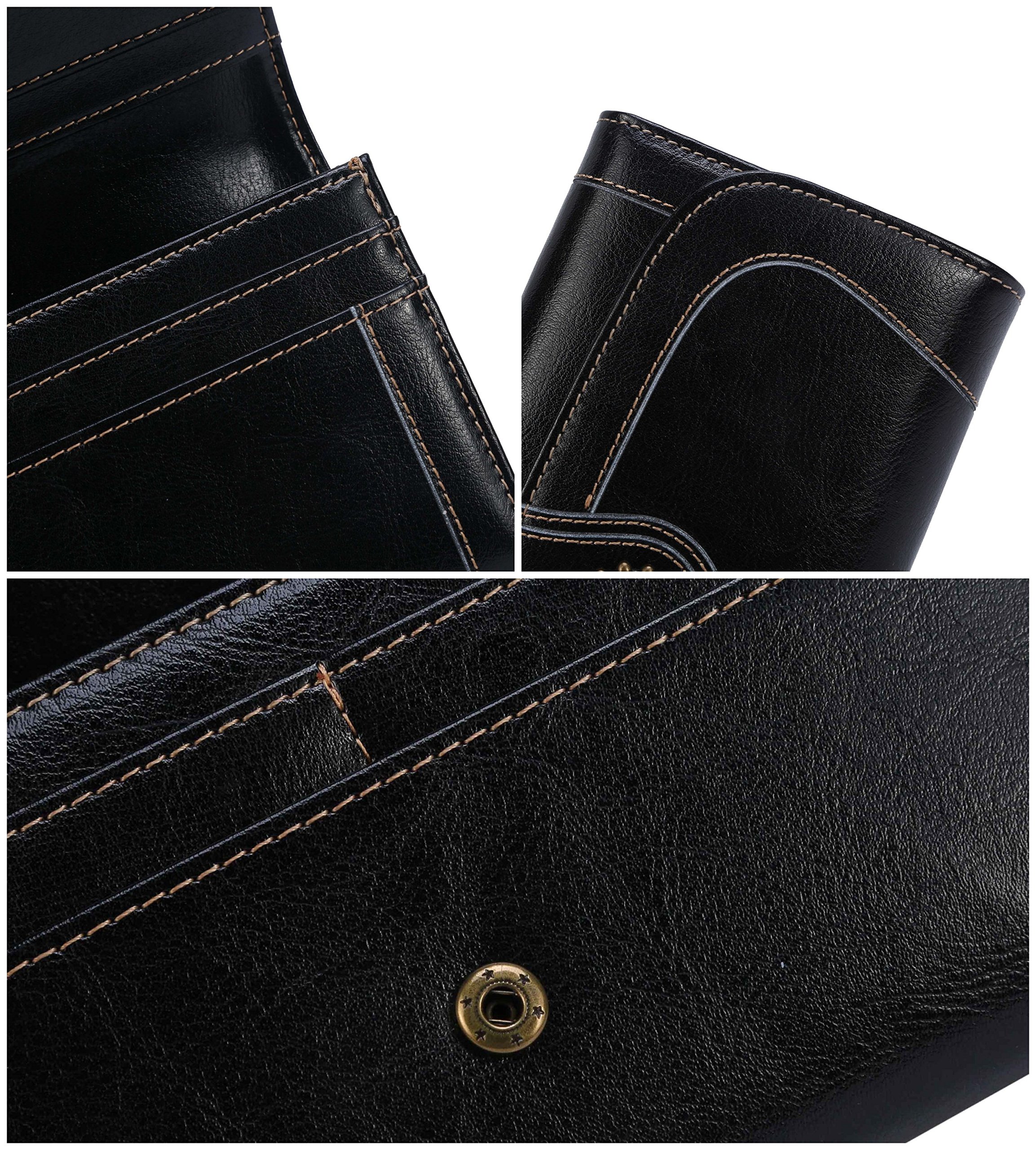 Carteras de Cuero Genuino Monedero para Mujeres RFID Bloqueo Cera de Lujo Piel Gran Capacidad Bolso de la señora-Negro