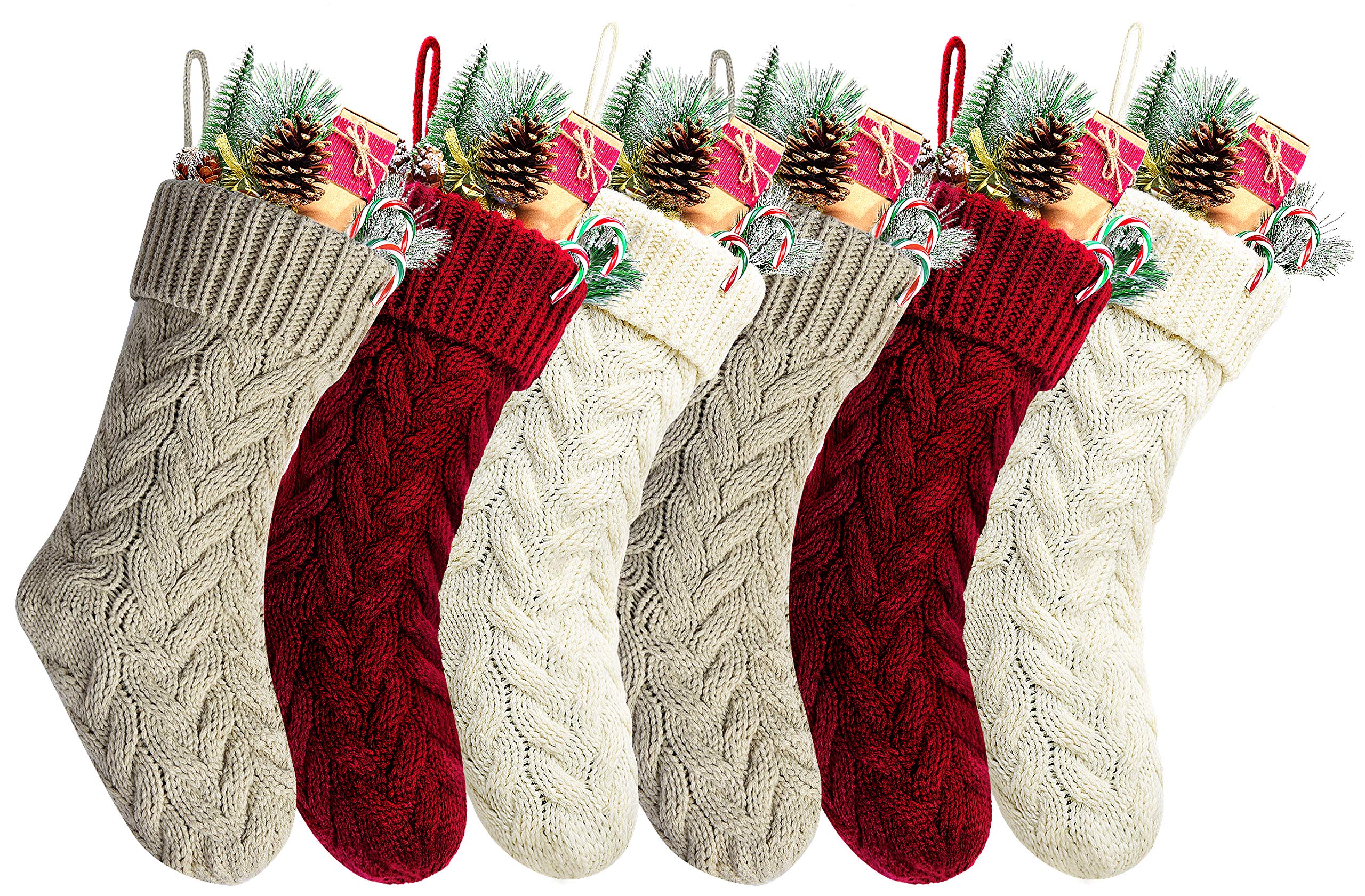 18" Unique Burgundy and Ivory White and Khaki Knit Christmas Stockings Style3,Pack 6