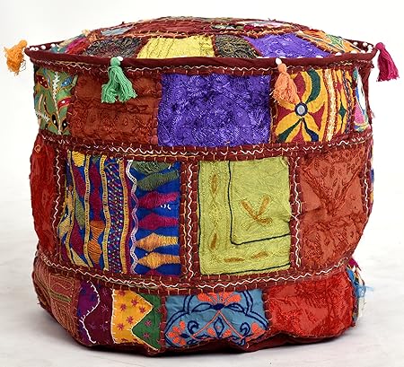 Handicraft-Palace Maroon Khambadiya Ethnic Decorative Pillow Round Pouf Foot Stool Poof Cover 18 inch