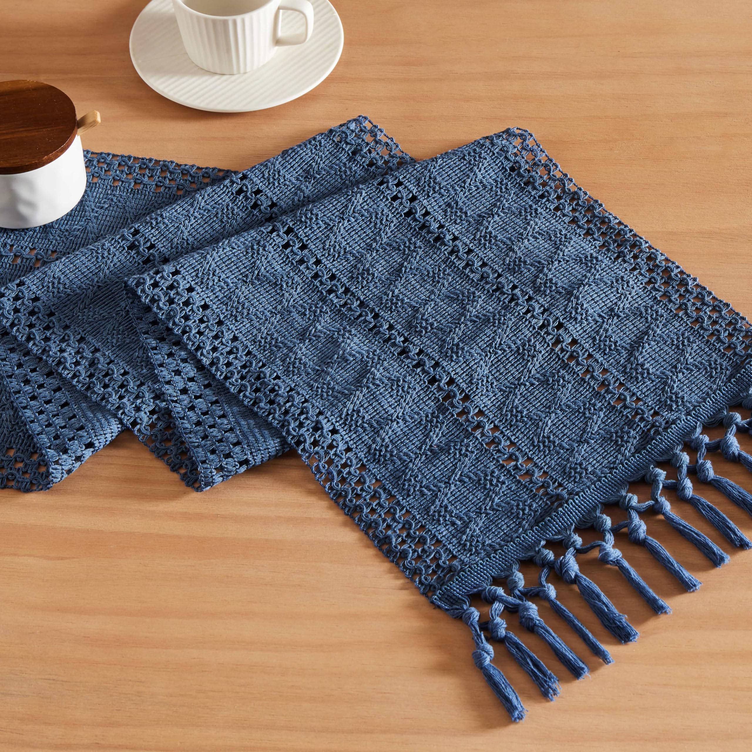 Photo 1 of ZeeMart Macrame Style Boho Table Runner, Blue Table Runners 36 Inches Long, Farmhouse Woven Home Decor, 12x36 Inch, Dusty Blue