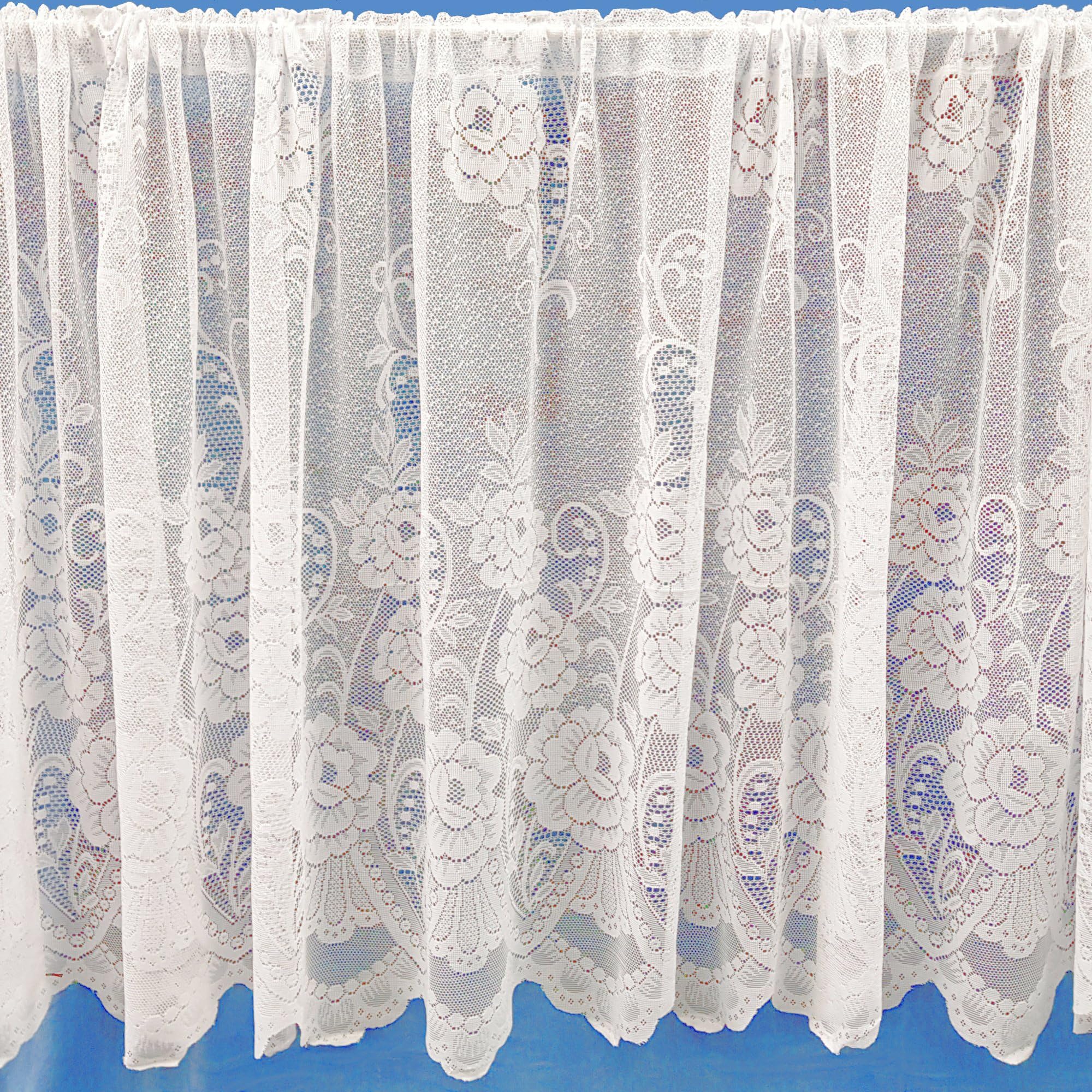 Kirsty Traditional Floral Rose White Net Curtain With Scalloped Bottom. 36inch (91cm) Drop. Sold By The Metre. by Kelly's Soft Furnshings