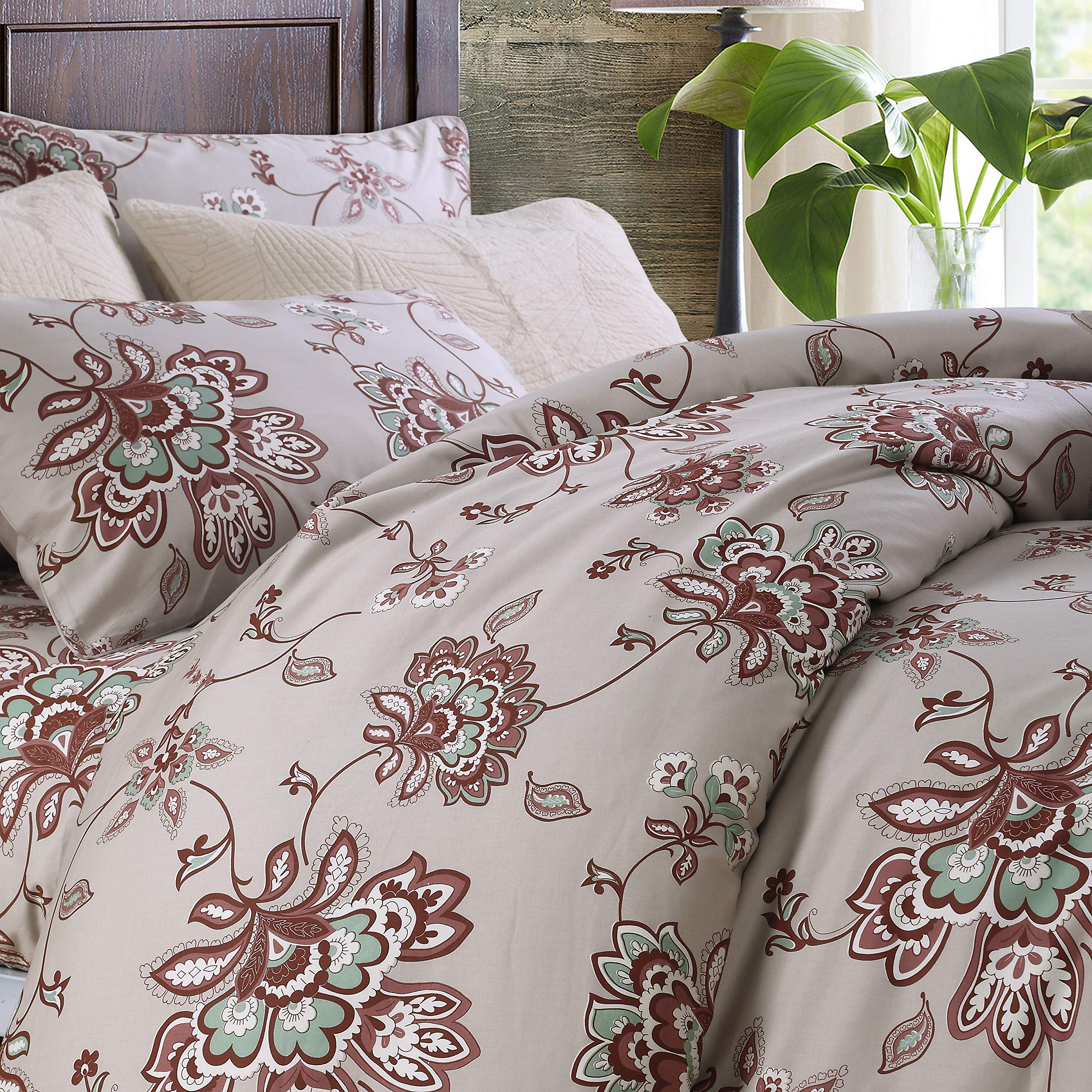 USTIDE 3-Piece Rustic Floral Duvet Cover Set Super Soft Cotton Comforter Cover with 2 Pillowcases Classic Taupe Blossom Bedding Set Double Size Duvet Set,800 Thread Count
