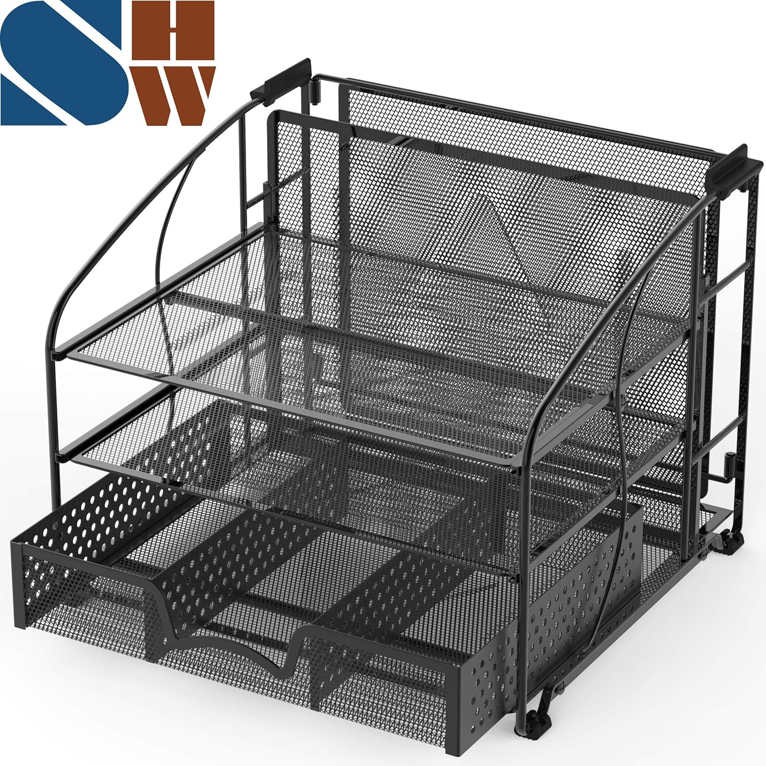 SimpleHouseware Desk Organizer 3 Tray w/Sliding Drawer and Hanging File Holder, Black : Office Products