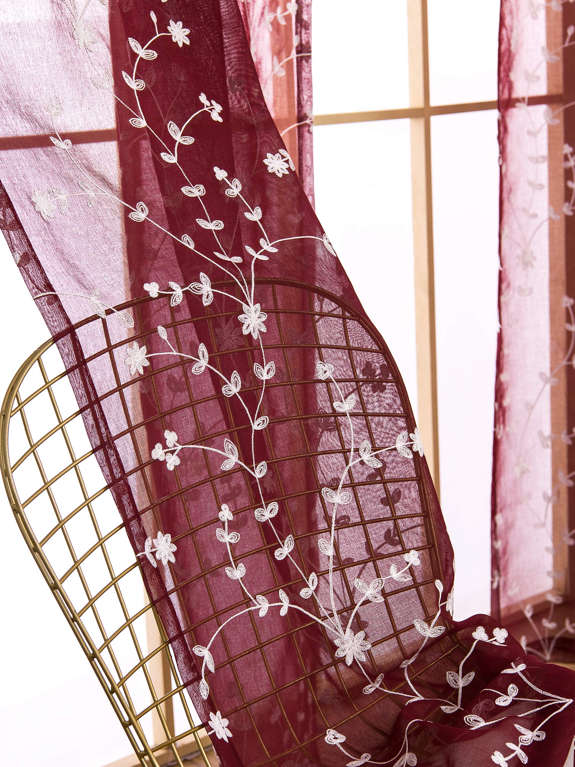 AmHoo 2 Panels Leaf Flora Embroidered Farmhouse Semi Sheer Curtain Voile Curtains for Living Room Bedroom Window Treatment Burgundy Red 53 x 96 Inch