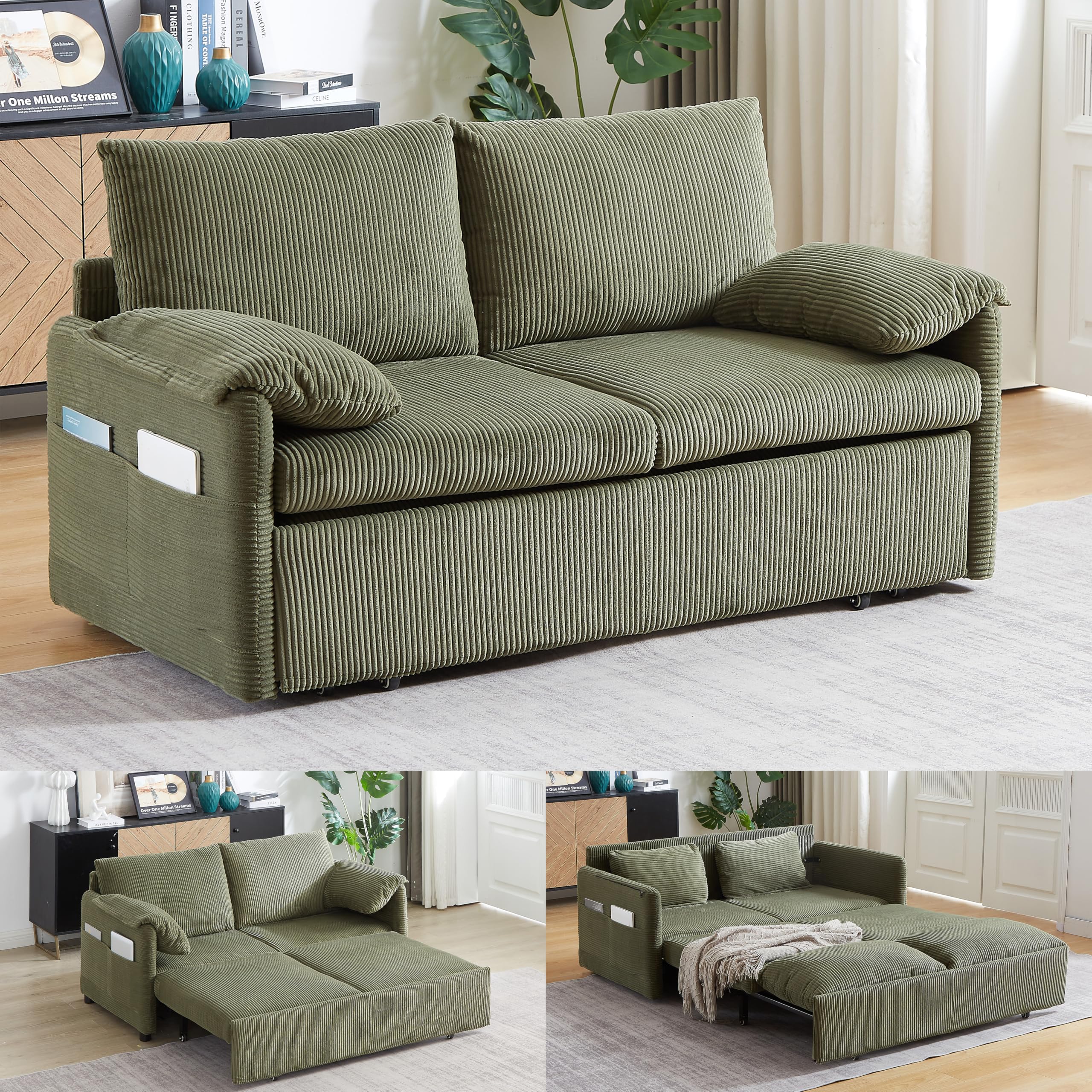 65-Inch Corduroy Loveseat Sofa with Pull Out
