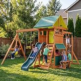 SunSwell Wooden Swing Sets for Backyard - Outdoor Playset,Green | 8 FT Wave Slide, 2 Belt Swings, Play Deck, Monkey Bars, Rock Wall Ladder, Shaded Picnic Area, Snack Bar, Playground Sets