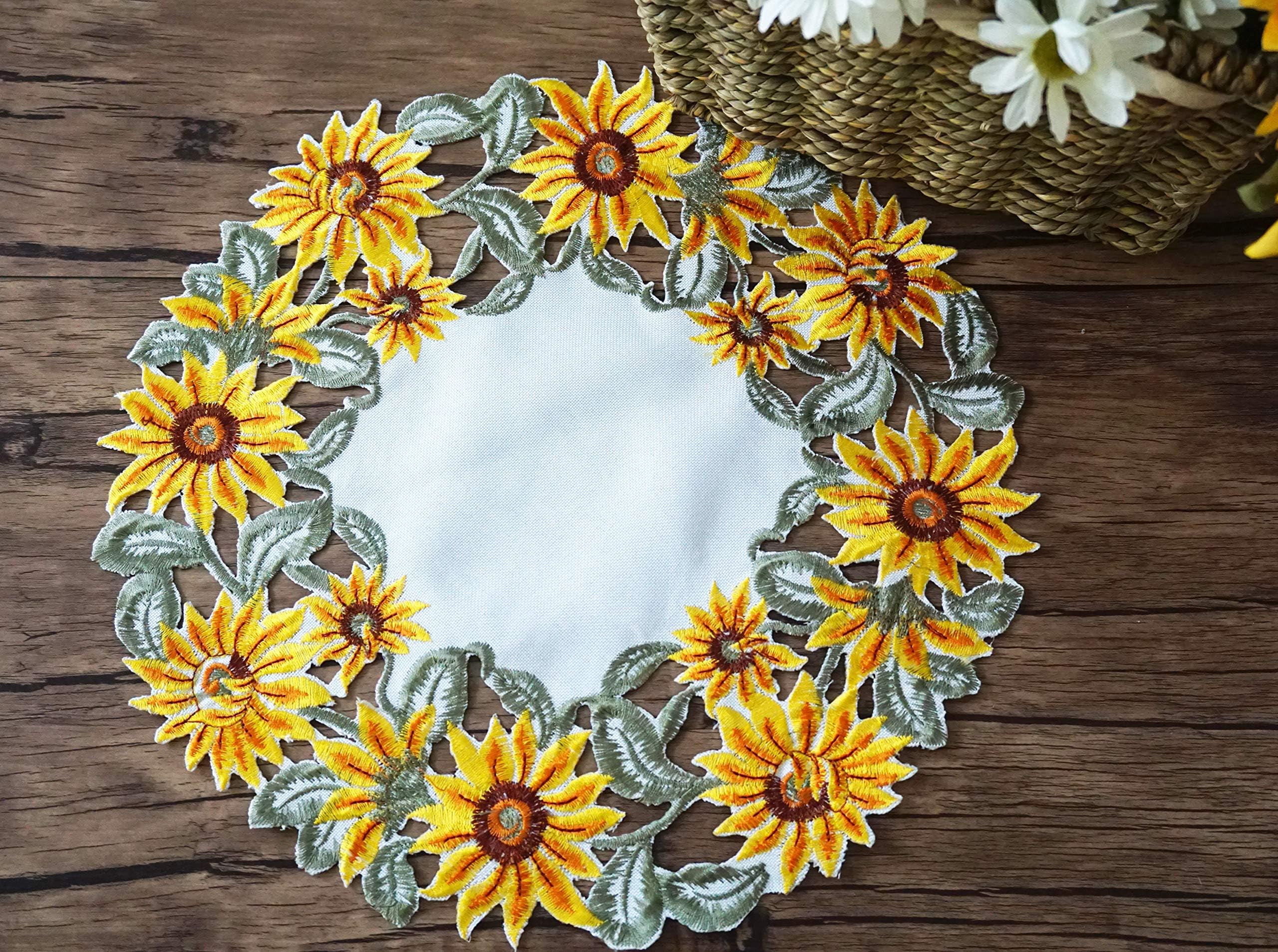 CloudSun Easter Spring Embroidered Flowery Sunflower Doily placemats Set of 4,Round 12"